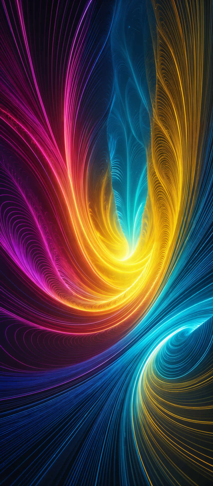 The image showcases a vibrant and dynamic swirl of colors. It predominantly features a mix of pink, blue, yellow, and green. The swirls are intricate and resemble flowing tendrils or streams of energy. The shapes are fluid and organic, giving an impression of motion and dynamism. The overall effect is both mesmerizing and visually captivating, reminiscent of abstract art or digital visualizations.