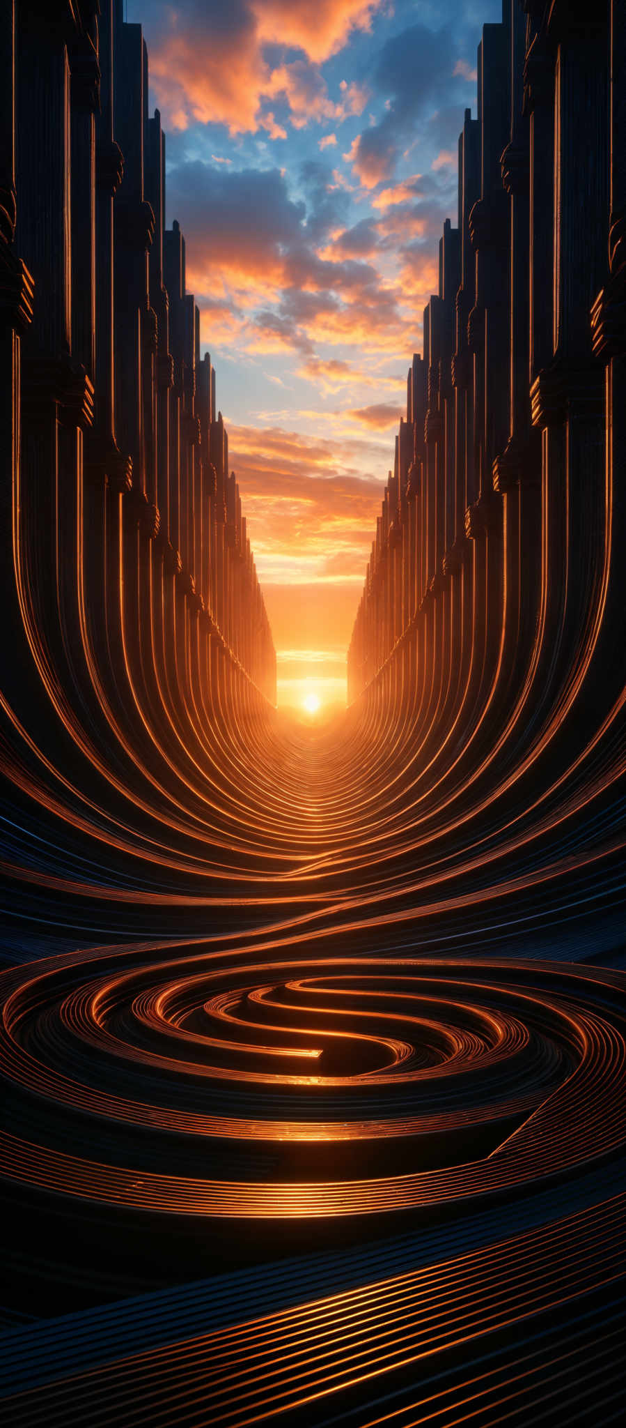 The image showcases a captivating scene of a corridor with tall, cylindrical structures on either side. These structures are intricately designed with multiple layers and ridges, giving them a textured appearance. The corridors are symmetrically aligned, leading to a distant horizon where the sun is setting, casting a warm orange and yellow glow. The sky is painted with hues of blue and orange, with fluffy clouds scattered about. The foreground of the image is dominated by the winding patterns of the corridores, which appear to be made of a metallic or stone material, reflecting the sunlight and creating a mesmerizing play of light and shadow.