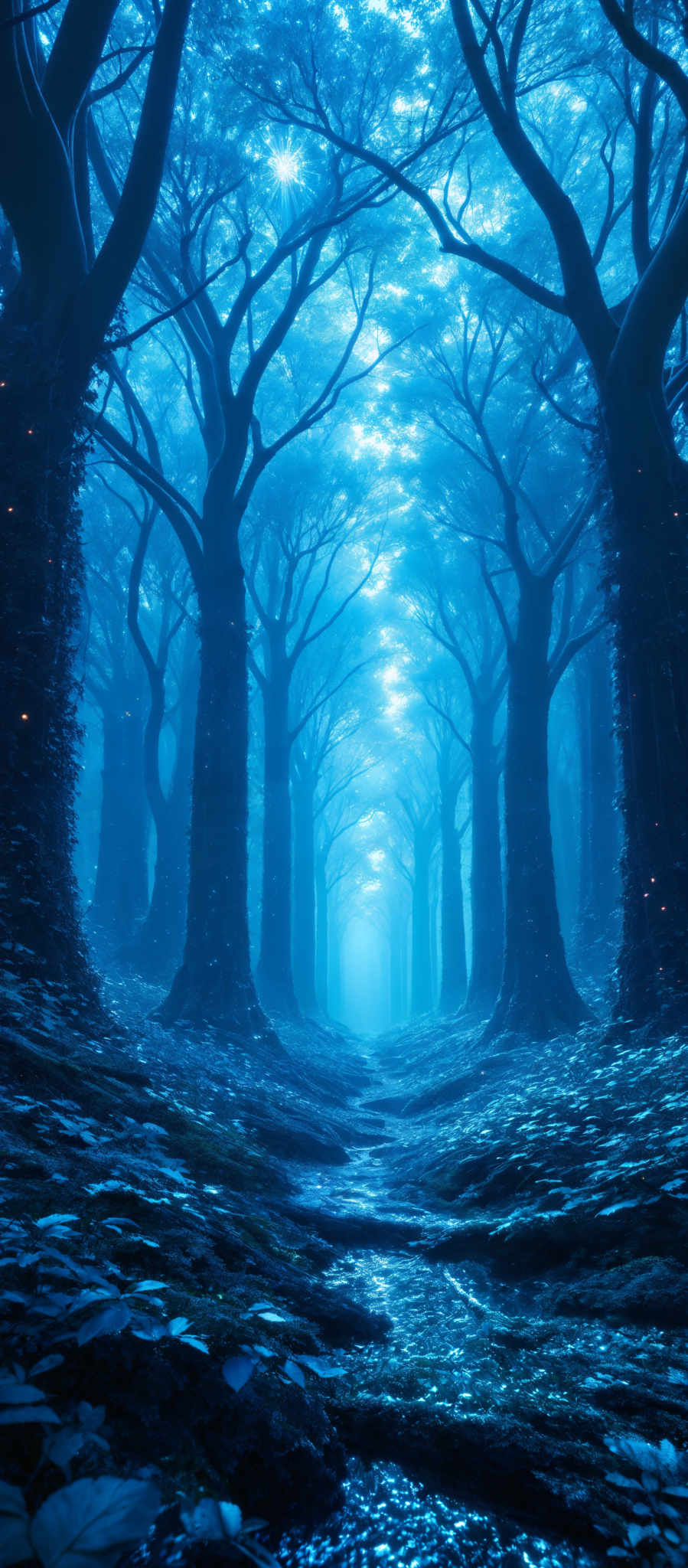 The image showcases a mystical forest with tall, slender trees that have intricate, intertwining branches. The predominant color is a deep shade of blue, creating an ethereal and dreamy atmosphere. The ground is covered with fallen leaves, and there's a small stream flowing amidst them. The trees' canopies form a tunnel-like structure, with light filtering through, creating a beautiful play of shadows and highlights.