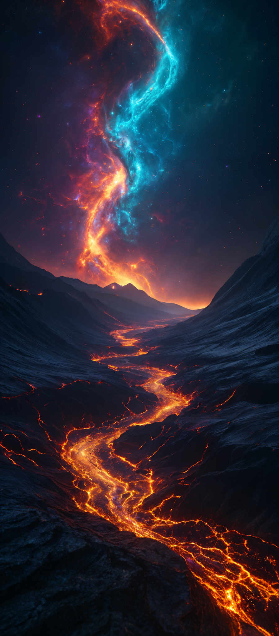 The image showcases a breathtaking celestial scene. The sky is dominated by vibrant hues of blue, pink, and red, with swirling nebulae and stars. A fiery, molten river of lava flows through a rugged terrain, illuminating the surroundings with an intense orange glow. The landscape is characterized by dark mountains and valleys, with the lava river meandering through them. The contrast between the cool colors of the sky and the warm tones of the lave creates a dramatic and captivating visual.