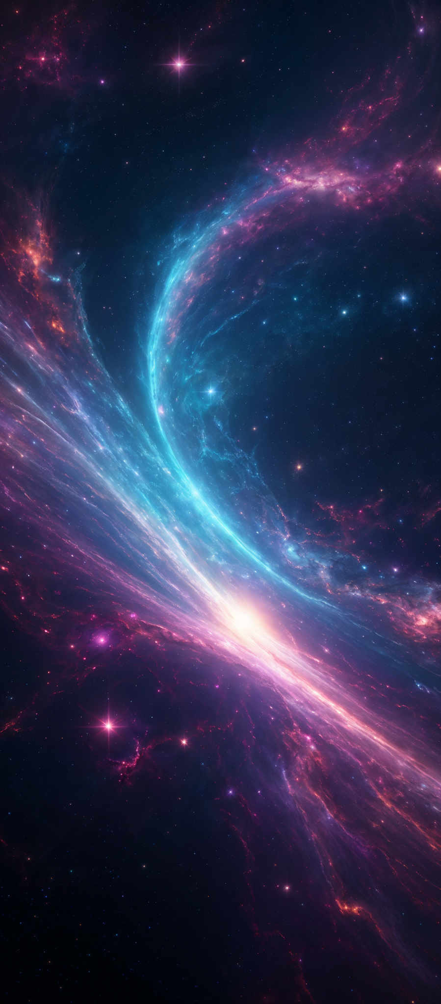 The image showcases a mesmerizing cosmic scene with a blend of vibrant colors. Dominating the image are swirling patterns of blue, pink, and purple nebulae, intertwined with bright stars. The nebular formations appear as intricate, flowing patterns, reminiscent of gas and dust clouds in space. The deep black background contrasts with the luminescent colors, creating a sense of depth and vastness.