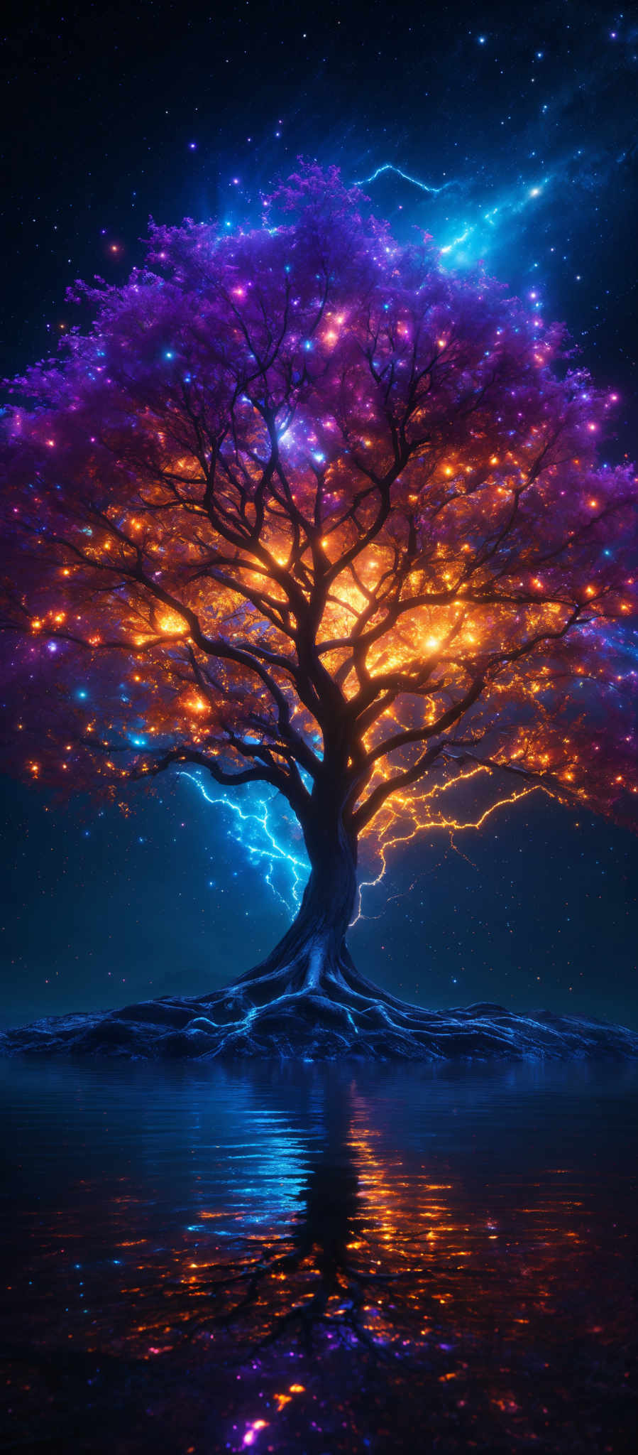 The image showcases a vibrant and mystical tree situated in the midst of a serene body of water. The tree's leaves are a radiant shade of purple, illuminated with glowing orbs of light. The trunk and branches of the tree are intricately detailed, with roots that seem to be submerged in the water. Above the tree, the sky is a deep blue, dotted with stars and nebulous formations. The reflection of the trees and the sky can be seen in the calm water below, creating a mirror effect.