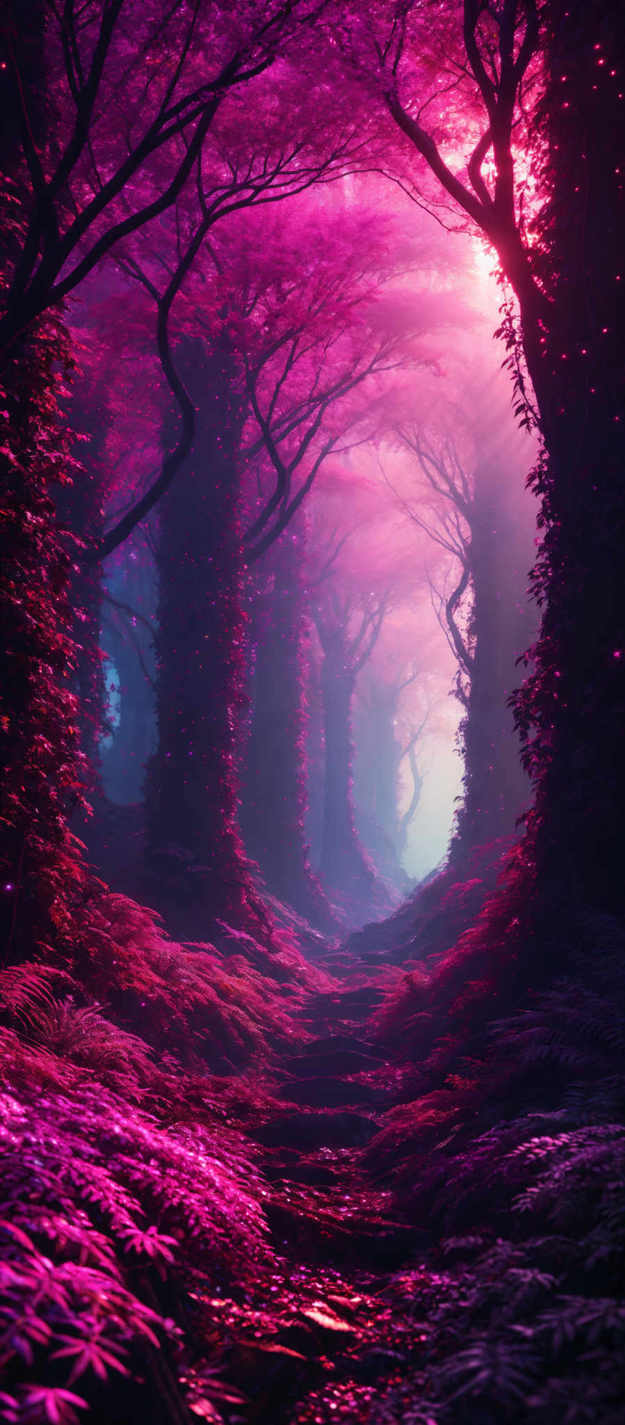 The image showcases a vibrant and mystical forest scene. The dominant colors are shades of pink, purple, and a hint of blue. The trees are tall and slender, with their branches reaching out in various directions. The ground is covered with a thick layer of pine needles and ferns, giving it a carpet-like appearance. The atmosphere is filled with a soft, ethereal light, creating a dreamy and otherworldly ambiance.