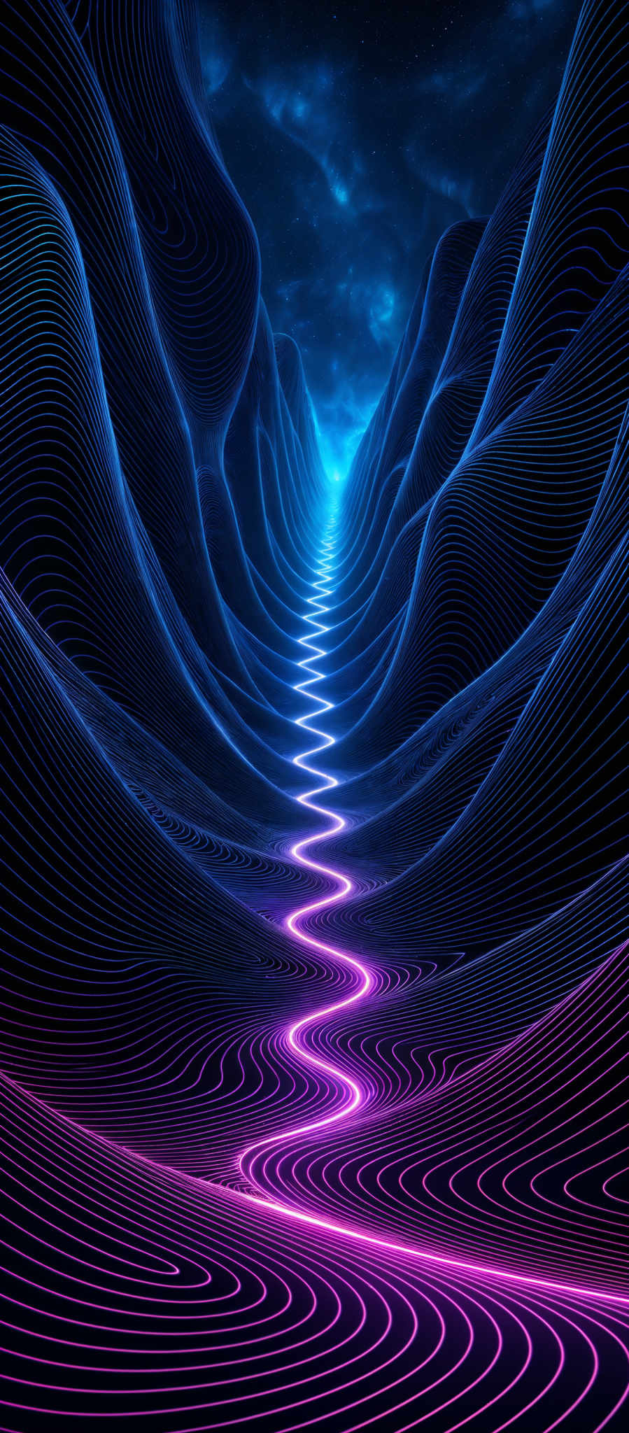 The image showcases a mesmerizing digital artwork. It predominantly features a series of wavy, undulating lines in varying shades of blue and purple. These lines create a sense of depth and dimension, reminiscent of a canyon or a series mountains. A bright, neon blue pathway or stream runs through the center, leading the viewer's eye towards a distant, glowing point in the background. The overall color palette is cool, with the neon accents providing a stark contrast. The image also contains a starry night sky in the upper portion, adding to the otherworldly feel.