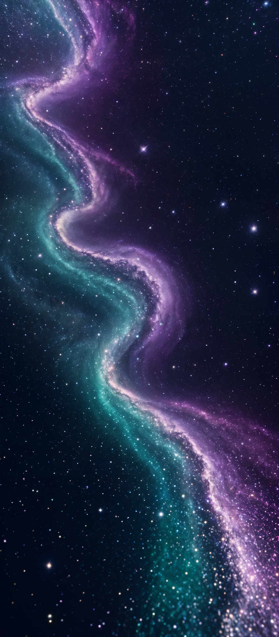 The image showcases a mesmerizing cosmic scene with a vibrant mix of colors. Dominating the image are swirling patterns of teal and purple, reminiscent of a galaxy or nebula. These patterns seem to flow and intertwine, creating a sense of movement and depth. The background is filled with a deep black, dotted with numerous white stars, adding to the ethereal beauty of the scene.