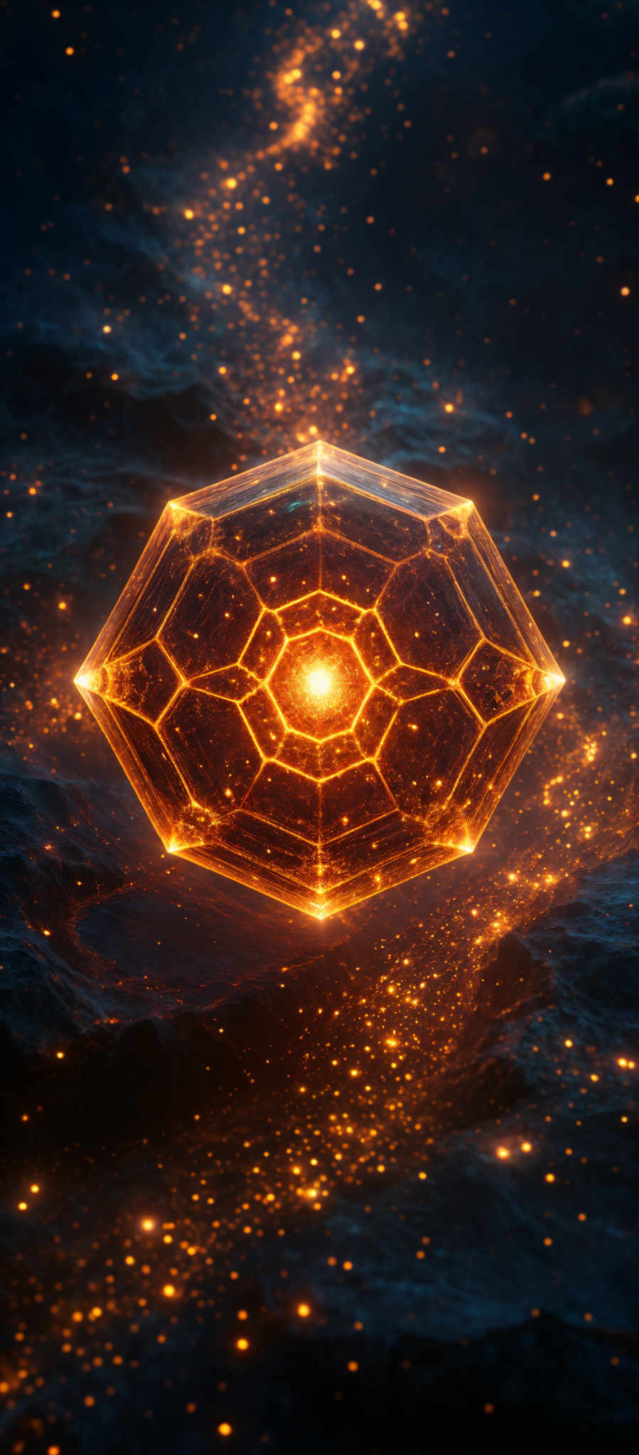 The image showcases a vibrant and mesmerizing cosmic scene. Dominating the center is a glowing hexagonal structure, radiating a bright orange-red hue. This structure appears to be made of a translucent material, revealing intricate patterns and lines within. Surrounding this central figure are numerous small, glowy dots, possibly representing distant stars or other celestial bodies. The background is a deep blue, reminiscent of outer space, with swirling patterns and textures, suggesting the vastness and mystery of the universe.