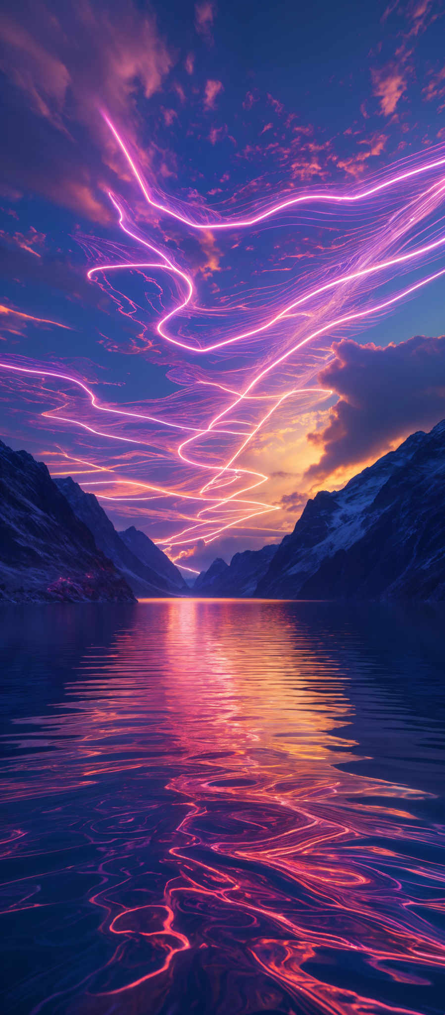 The image showcases a vibrant and mesmerizing landscape. The sky is painted with hues of purple, pink, and orange, interspersed with swirling patterns of neon-like streaks that resemble electric currents. These streaks are predominantly purple and pink. Below the sky, there's a serene body of water reflecting the colors of the sky. The water's surface has intricate patterns, mirroring the streaks in the sky and adding depth to the scene. On either side of the water, there are snow-covered mountain ranges, adding a sense of majesty and tranquility to the image, with their dark silhouettes contrast