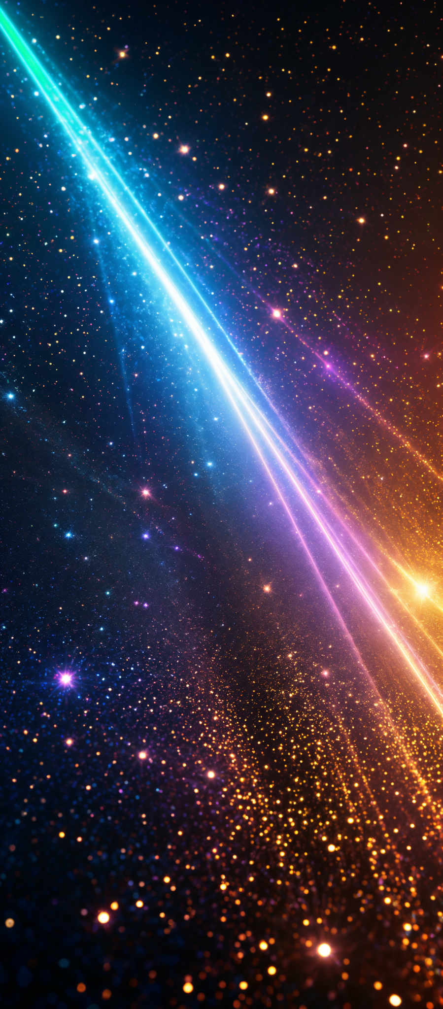 The image showcases a vibrant and mesmerizing cosmic scene. It features a vast expanse of space filled with countless twinkling stars. Dominating the center is a radiant streak of light, transitioning from a deep blue at the top to a fiery orange at the bottom. This light beam seems to cut across the vastness of space, creating a dynamic contrast between the coldness of the cosmos and the warmth of the light. The background is dotted with numerous stars, some of which are brighter and more luminous than others, adding depth and dimension to the scene.