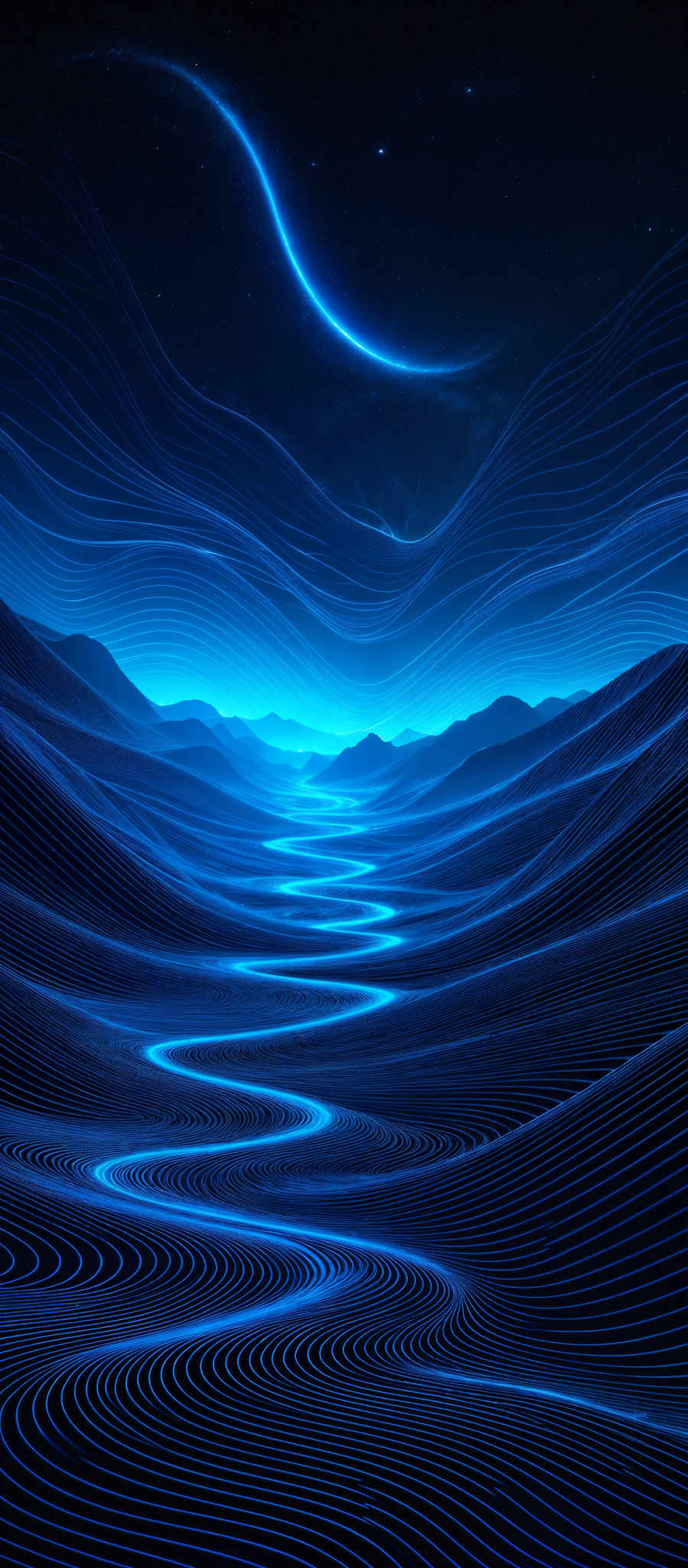 The image showcases a mesmerizing and abstract landscape. Dominated by deep blues and blacks, the scene features swirling patterns of light that resemble flowing water or energy. These patterns are layered over undulating hills and valleys, creating a sense of depth and movement. Above, a crescent moon or planet casts a soft glow, illuminating the scene below. The overall effect is both serene and dynamic, evoking feelings of wonder and curiosity.