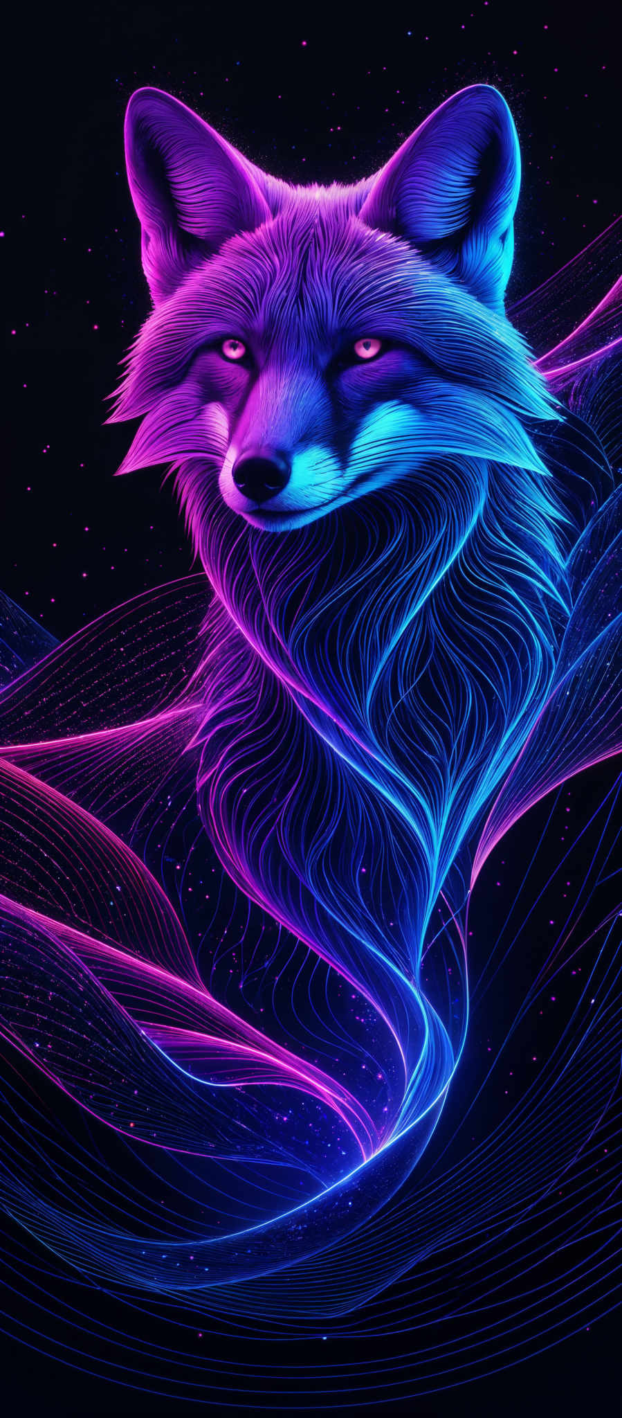 The image showcases a vibrant and intricate depiction of a fox. The fox is surrounded by swirling patterns of vivid colors, predominantly shades of blue, purple, and pink. These colors give the fox a mystical and ethereal appearance. The swirls are intricate, resembling flowing waves or streams of energy. The background is dark, with specks of light, possibly representing stars or distant galaxies, adding to the cosmic ambiance of the artwork.