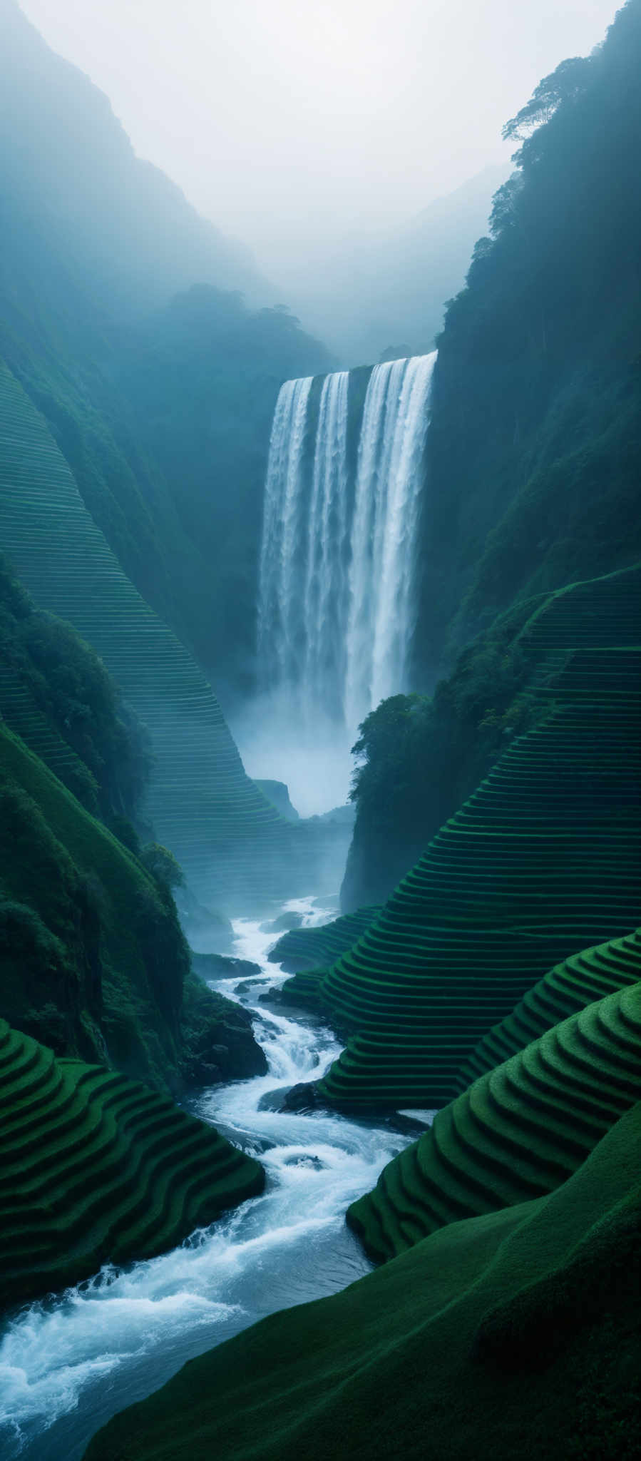 The image showcases a breathtaking landscape with a cascading waterfall in the center. The waterfall is surrounded by lush green terraced fields, which are beautifully layered and curved, resembling the contours of a hillside. The fields are vibrant green, indicating they are well-maintained and possibly rice paddies. Above the waterfall, there's a misty atmosphere, adding a sense of mystery and serenity to the scene. The overall color palette is dominated by various shades of green, complemented by the white of the cascades and the dark blue of the river below.