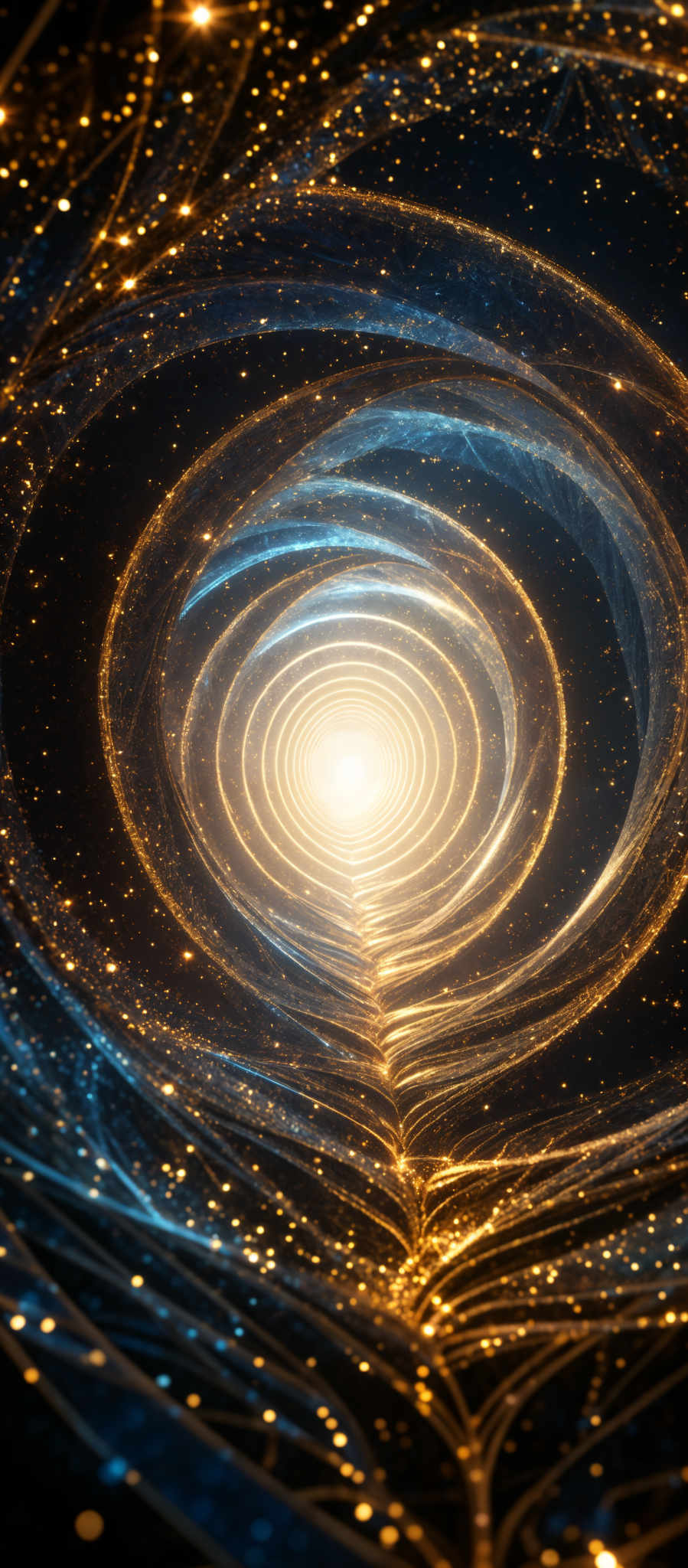 The image showcases a mesmerizing cosmic scene with swirling patterns of light. The dominant colors are deep blue and golden-yellow, creating a contrast between the cold, vast expanse of space and the warm, radiant energy of the stars and galaxies. The shape is reminiscent of a vortex or wormhole, with concentric circles spiraling inward towards a bright, luminous center. The intricate details of the image suggest a dynamic interplay of light and matter, with sparkling particles and glowing lines adding depth and dimension to the scene.