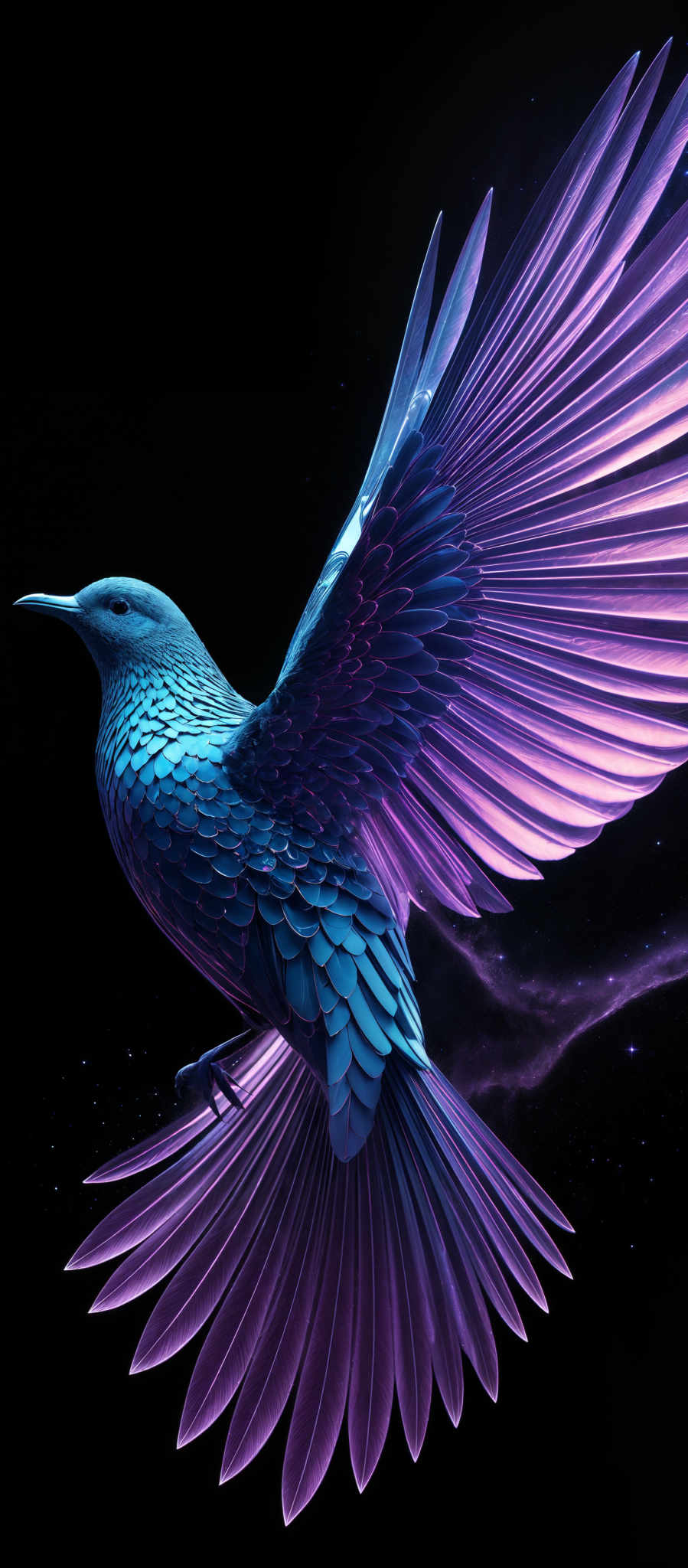 The image showcases a vibrant and detailed depiction of a bird in mid-flight. The bird is predominantly blue with shades of purple on its wings. The wings are spread wide, showcasing intricate feather patterns that glow in a neon hue. The feathers are layered and have a textured appearance, giving the bird a majestic and ethereal look. The background is dark, which accentuates the luminescence of the bird and its wings, making them the focal point of the image, and adding a sense of depth and mystery.