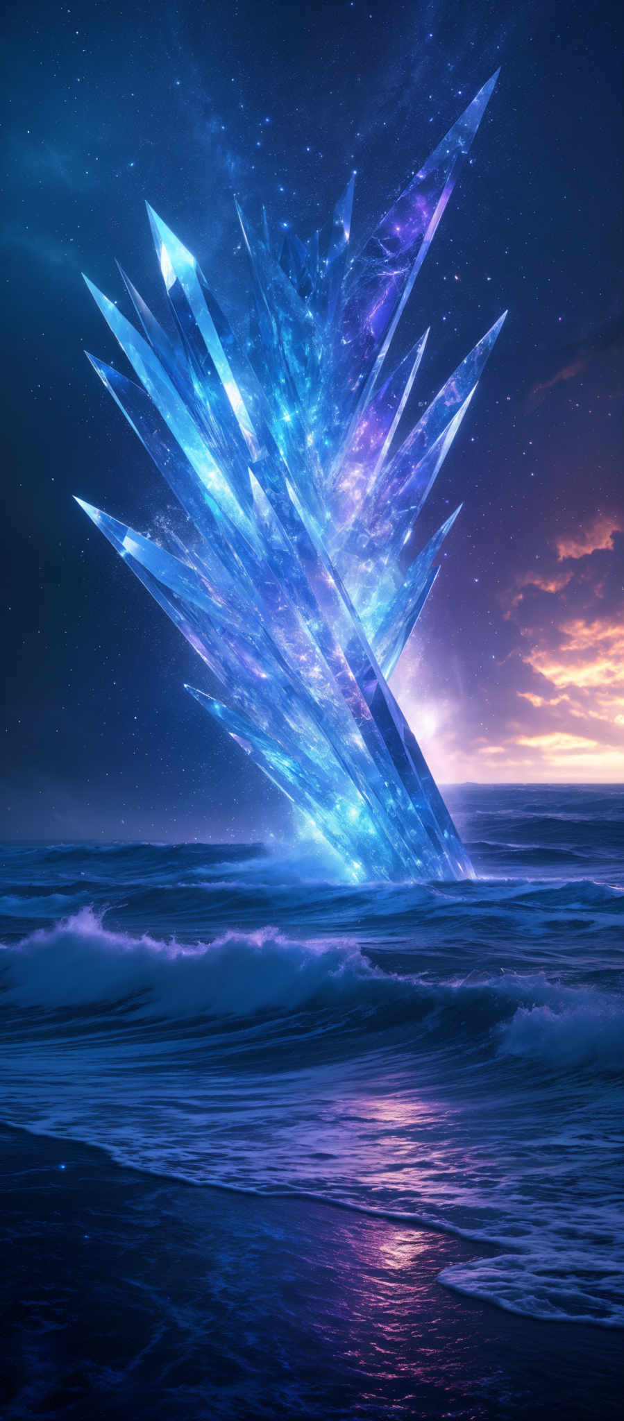 The image showcases a breathtaking scene of a crystalline structure emerging from the ocean waves. The crystal structure is composed of sharp, jagged crystals that glow with a radiant blue and purple hue, reflecting the colors of the cosmos. The background displays a starry night sky with a hint of a sunset or sunrise on the horizon, casting a warm orange and pink glow on the water. The waves crash against the shore, and their reflections shimmer in the water below.