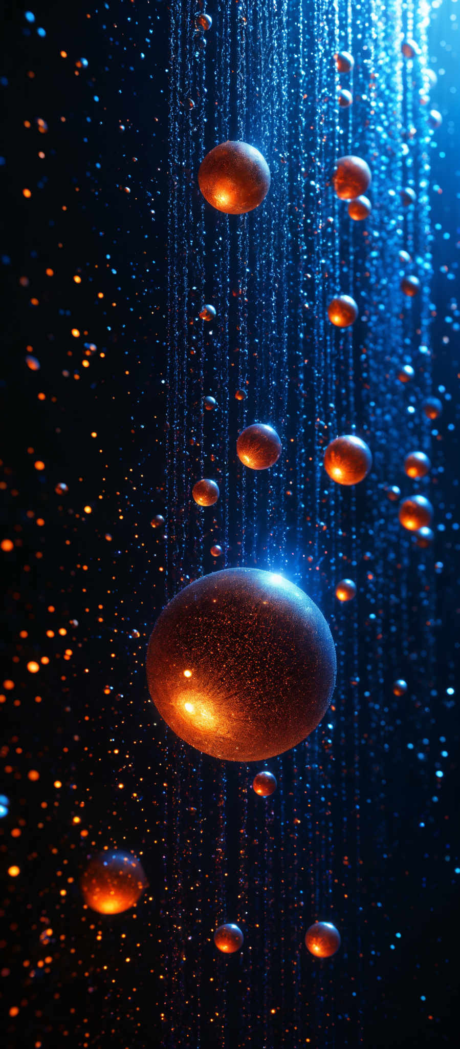 The image showcases a vibrant and mesmerizing scene of numerous small, glowing orbs suspended in a dark space. These orbs vary in size, with some appearing as large as a small planet and others as tiny as a speck. They emit a radiant golden-orange glow, contrasting starkly with the deep blue background. The orbs seem to be connected by thin, shimmering lines, giving the impression of a vast cosmic network or web.