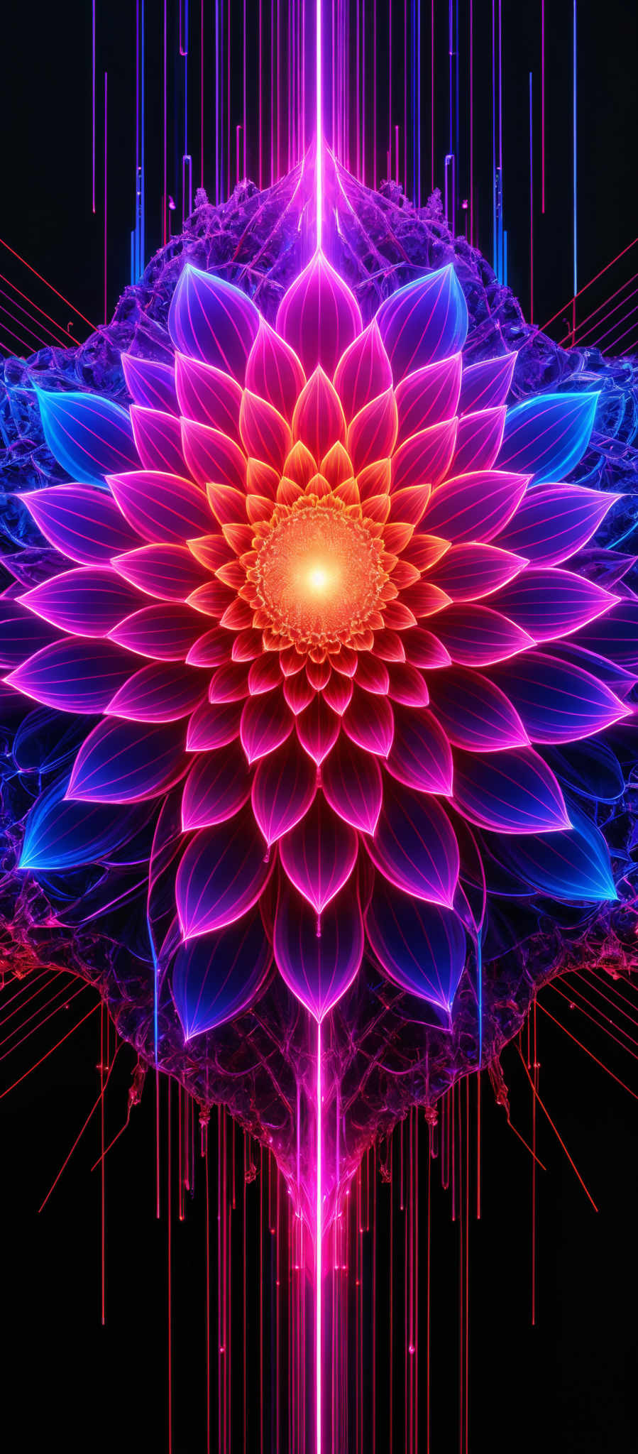 The image showcases a vibrant and intricate digital artwork of a flower. The flower is symmetrical and radiates a mix of pink, blue, and purple hues. The petals are layered and have a glossy, neon-like appearance. The center of the flower is a bright yellow with a circular pattern, surrounded by a blue and pink aura. The background is dark, which accentuates the luminosity of the flowers and the vertical streaks of light that seem to emanate from the flower's core.