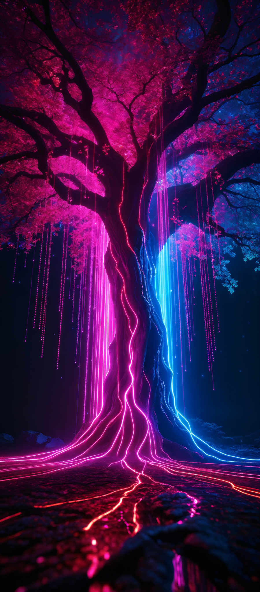 The image showcases a vibrant and mystical tree. The tree has a sprawling and twisted trunk, with its branches extending outwards. The leaves of the tree are a deep shade of pink, giving it a surreal and dreamy appearance. The ground around the tree is illuminated with a series of bright, neon-like streaks in shades of pinks, blues, and reds. These streaks seem to emanate from the tree and cascade downwards, creating a visually striking contrast with the dark background.