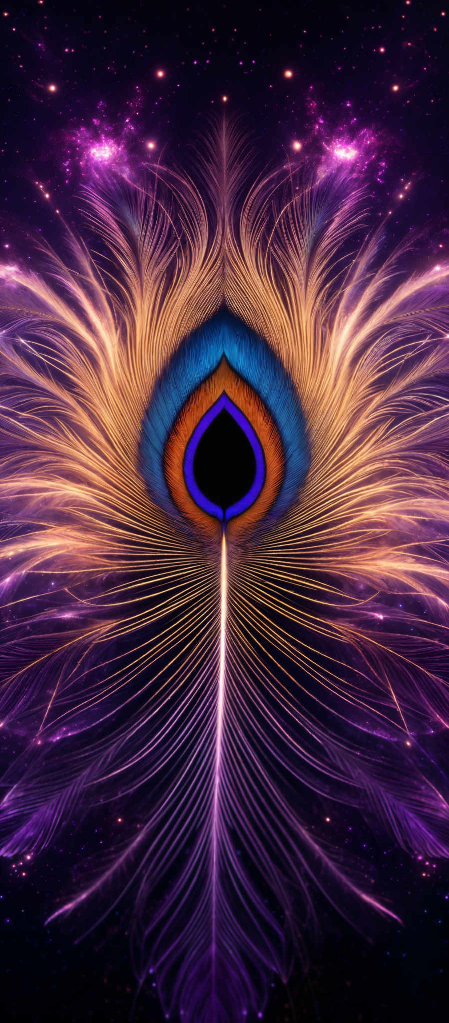 The image showcases a vibrant and intricate design. The dominant colors are shades of purple, gold, and blue. The central feature is a symmetrical, feather-like structure with a teardrop-shaped eye at its center. This eye is surrounded by a radiant blue hue, and its pupil is a deep, glowing orange. The feather extends outwards, displaying a mesmerizing pattern of golden lines and streaks, which seem to radiate outwards. The background is a cosmic scene with a deep purple hue and scattered bright dots, possibly representing stars or galaxies.