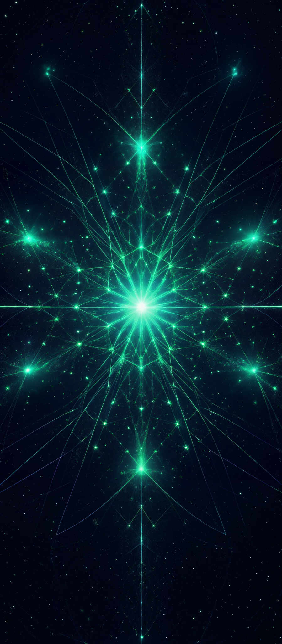 The image predominantly features a deep blue background with numerous white dots, resembling stars. At the center, there's a radiant burst of light emanating from a point, surrounded by intricate green lines forming symmetrical patterns. These lines appear to be interconnected, creating a web-like structure. The overall impression is of a cosmic or celestial scene, possibly representing a galaxy or a nebula.