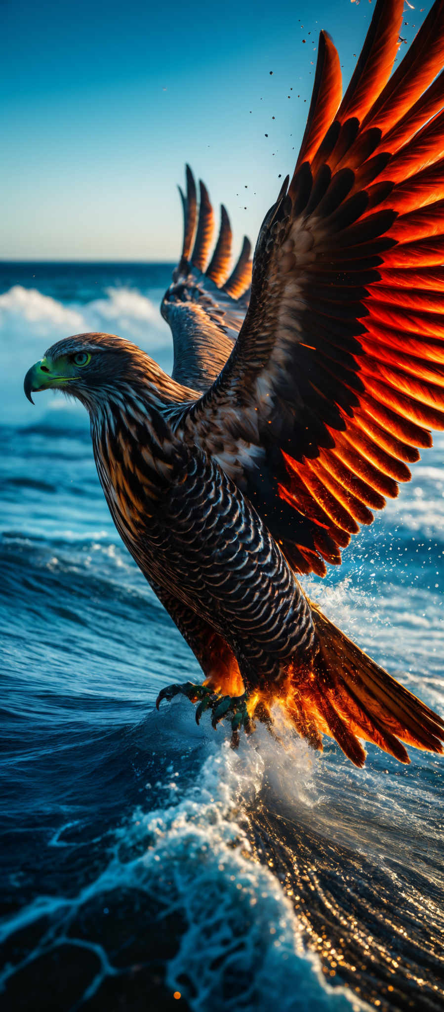 The image showcases a majestic eagle with its wings spread wide, capturing the essence of flight. The eagle's wings are a vibrant shade of orange, contrasting beautifully with its dark brown and white feathers. The bird's sharp beak is yellow, and its eyes are a piercing green. The backdrop is a serene ocean with waves crashing, and the sky above is clear with a hint of blue. The sunlight seems to be hitting the eagle from the side, casting a warm glow on its wings and creating a dynamic splash of water beneath it.