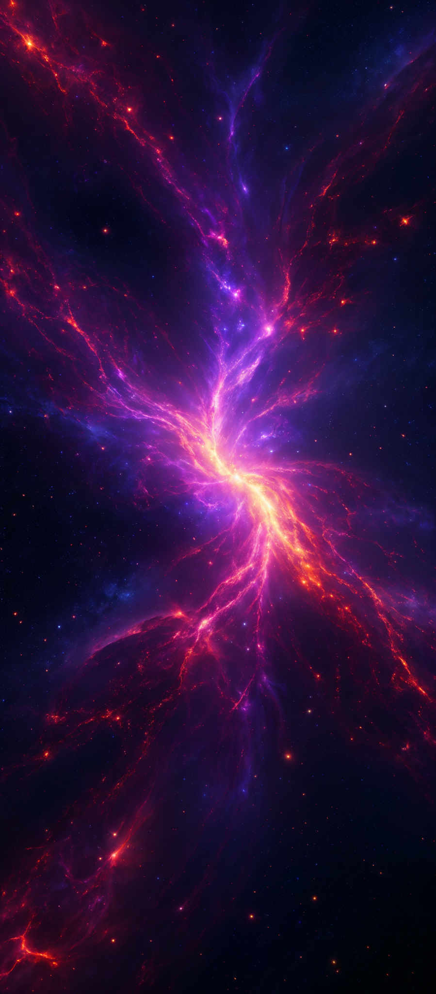 The image showcases a vibrant and mesmerizing cosmic scene. Dominated by deep purples and fiery reds, the central region appears to be a burst of energy or a celestial event. Radiating outwards are tendrils of electric blue and orange, resembling tendrills of energy. These tendrill-like structures seem to intertwine and overlap, creating a complex web of light. The background is filled with a deep blue hue, dotted with numerous bright white stars, adding to the ethereal beauty of the scene.