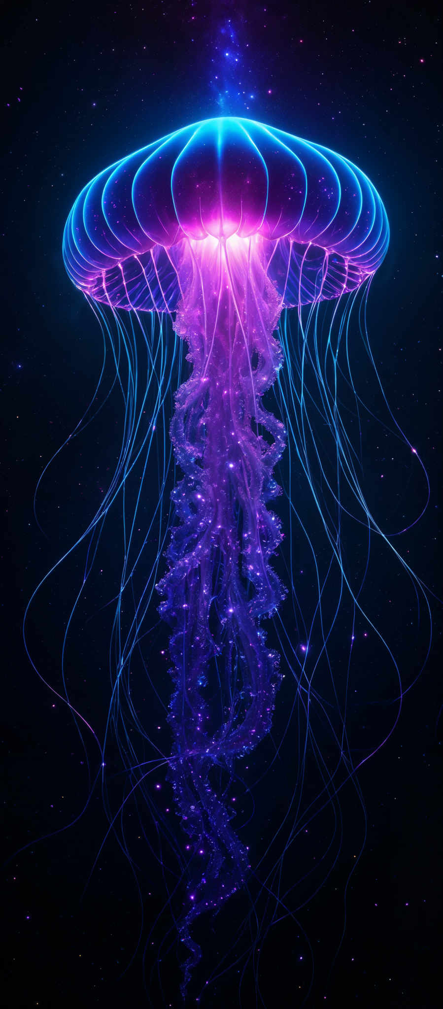 The image showcases a vibrant and mesmerizing depiction of a jellyfish. The jelly fish is illuminated with a radiant blue and purple glow, giving it an ethereal appearance. Its tentacles are long and delicate, trailing downwards, and they are also illuminating with the same vivid colors. The background is a deep space setting with stars and a nebula, adding to the otherworldly ambiance of the image, making the jelly flower appear as if it's floating in the cosmos.