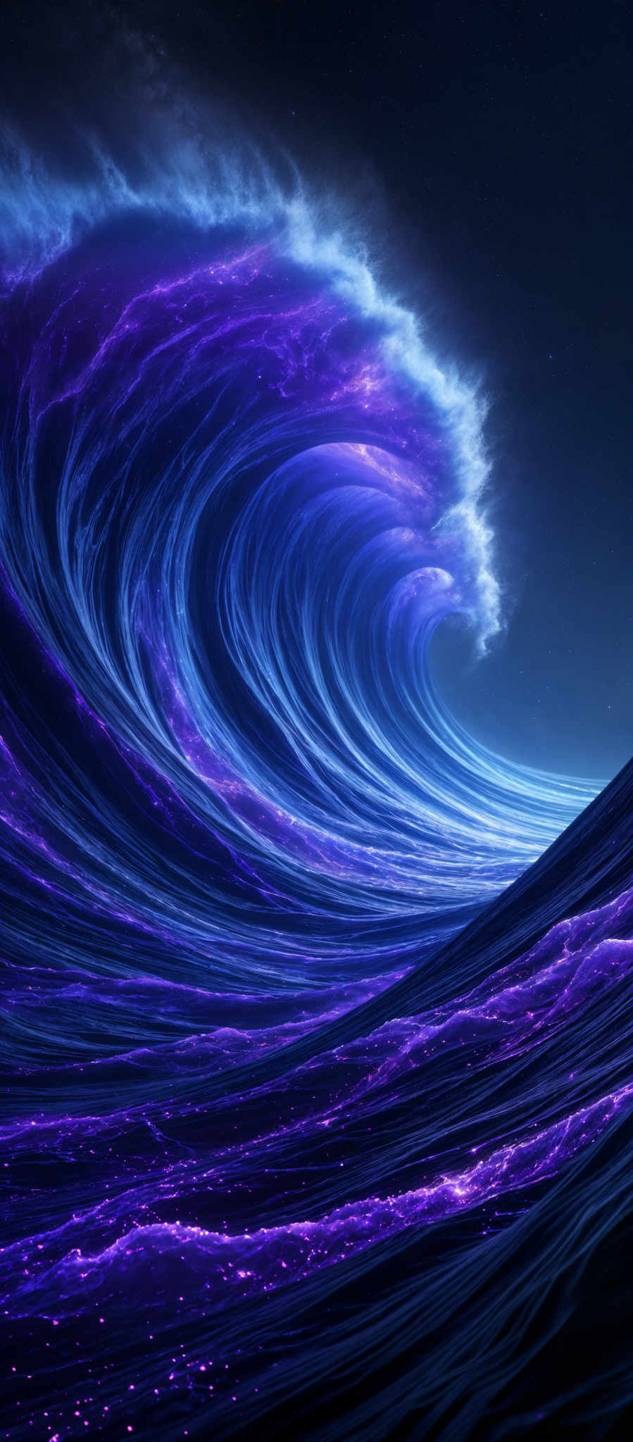 The image showcases a mesmerizing wave, with a vibrant mix of purple and blue hues. The wave's shape is curved, resembling a crescent moon, with swirling patterns that give it a mystical appearance. The top of the wave is frothy and white, suggesting the turbulence of the water as it crashes. The base of the image reveals the depth of the ocean, with darker shades of blue and purple, and specks of light that could represent marine life or the reflection of the moonlight.