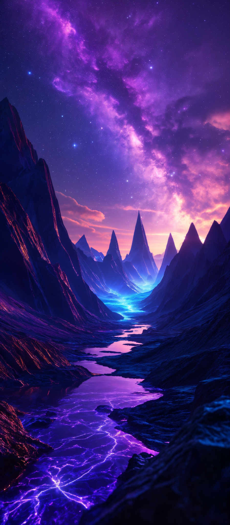 The image showcases a breathtaking landscape with towering mountains, some of which have sharp peaks. The sky is filled with a vibrant mix of purples, pinks, and blues, suggesting either a sunset or sunrise. There's a prominent Milky Way galaxy visible, casting a radiant glow. In the foreground, there's an ethereal body of water with luminescent blue patterns, possibly indicating some form of energy or magic. The overall ambiance is mystical and otherworldly.