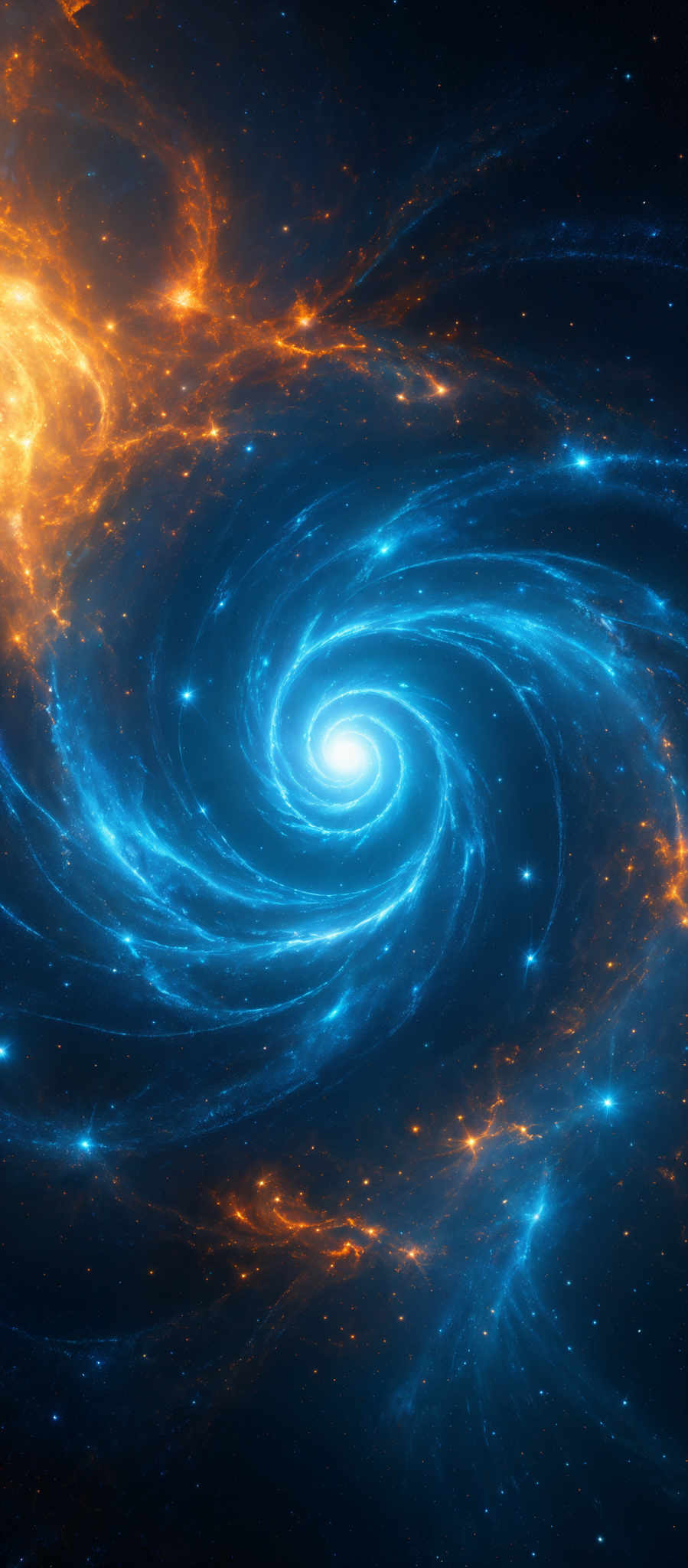 The image showcases a mesmerizing cosmic scene with swirling galaxies and nebulae. Dominating the center is a bright, spiraling galaxy with a radiant core. Surrounding this central galaxy are vibrant, swirled patterns of blue and orange nebular gases, which appear to be illuminated by distant stars. The background is filled with a deep blue space dotted with numerous stars, giving a sense of vastness and depth to the universe.