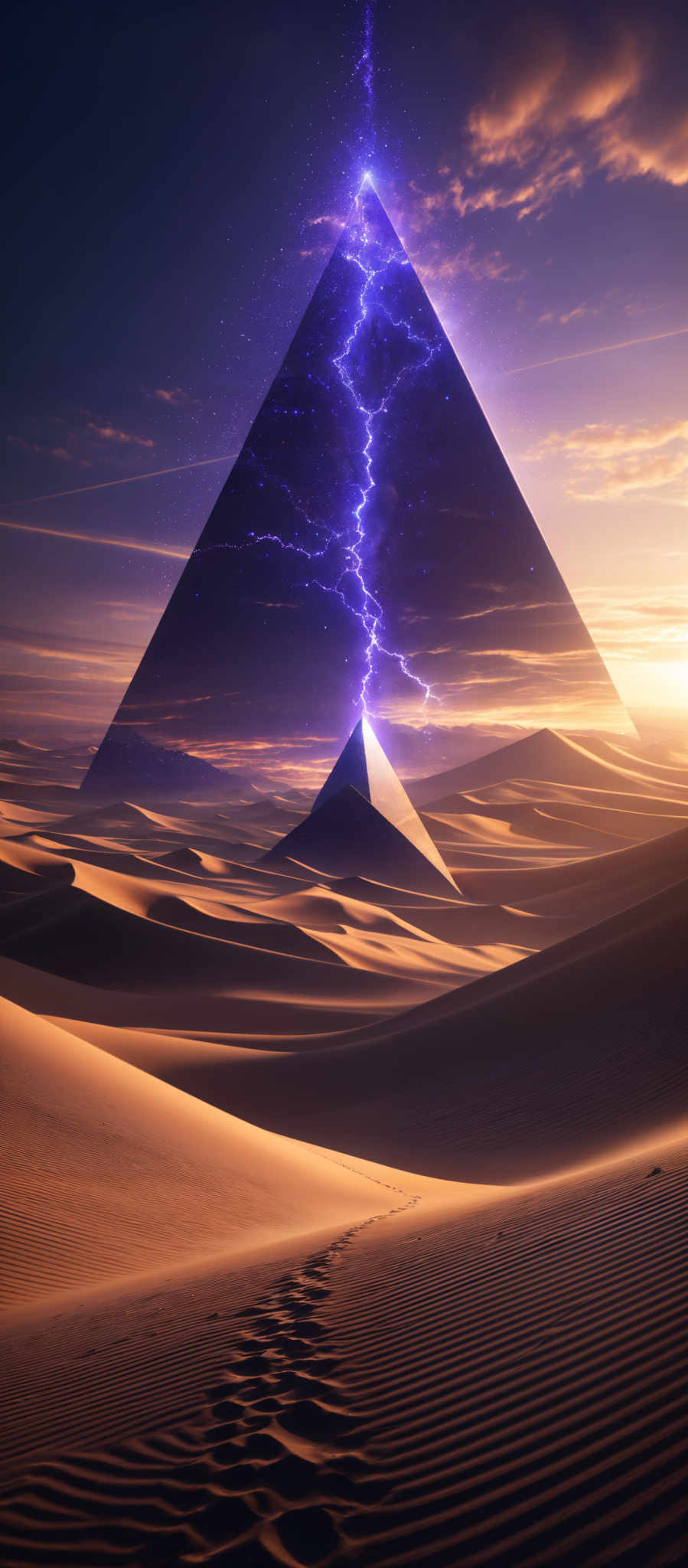 The image showcases a vast desert landscape with rolling sand dunes. The sky is painted with hues of purple, orange, and blue, indicating either a sunrise or sunset. Dominating the scene is a massive, translucent pyramid that seems to be made of crystal or some other ethereal material. Within this pyramids, there's a vibrant display of purplish-blue lightning that appears to be emanating from the top and cascading down. The sun casts a golden glow on the sand dune, creating a contrast between the illuminated and shadowed areas.