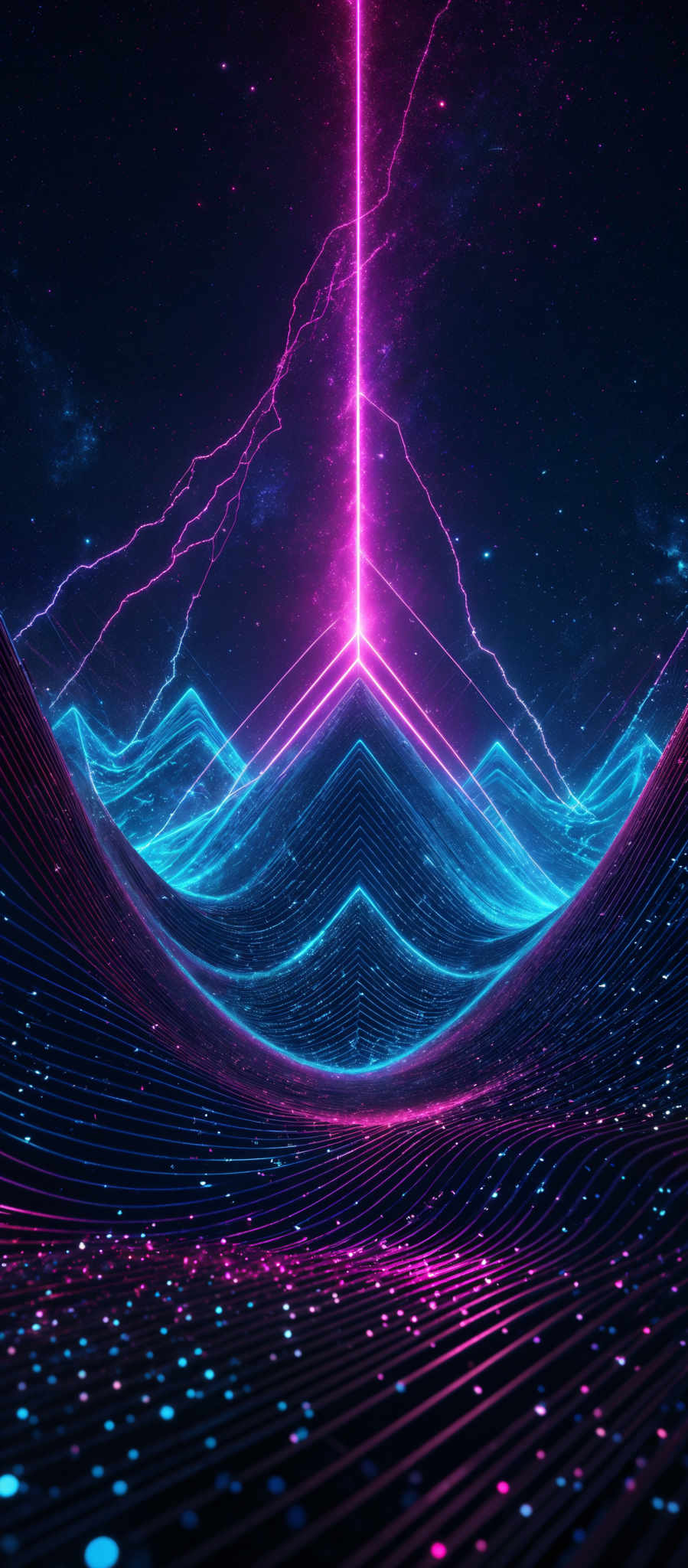 The image showcases a vibrant and dynamic digital landscape. It predominantly features hues of pink, blue, and black. The central element is a bright pink vertical beam that cuts through the scene, emitting a radiant glow. Surrounding this beam are undulating blue wave-like structures that seem to be made of a digital or neon substance. These structures are interspersed with small, glowing dots that add depth and dimension to the scene. The background is a deep space setting with stars and cosmic elements, further enhancing the otherworldly feel of the image, which is reminiscent of cyberpunk or sci-fi themes.