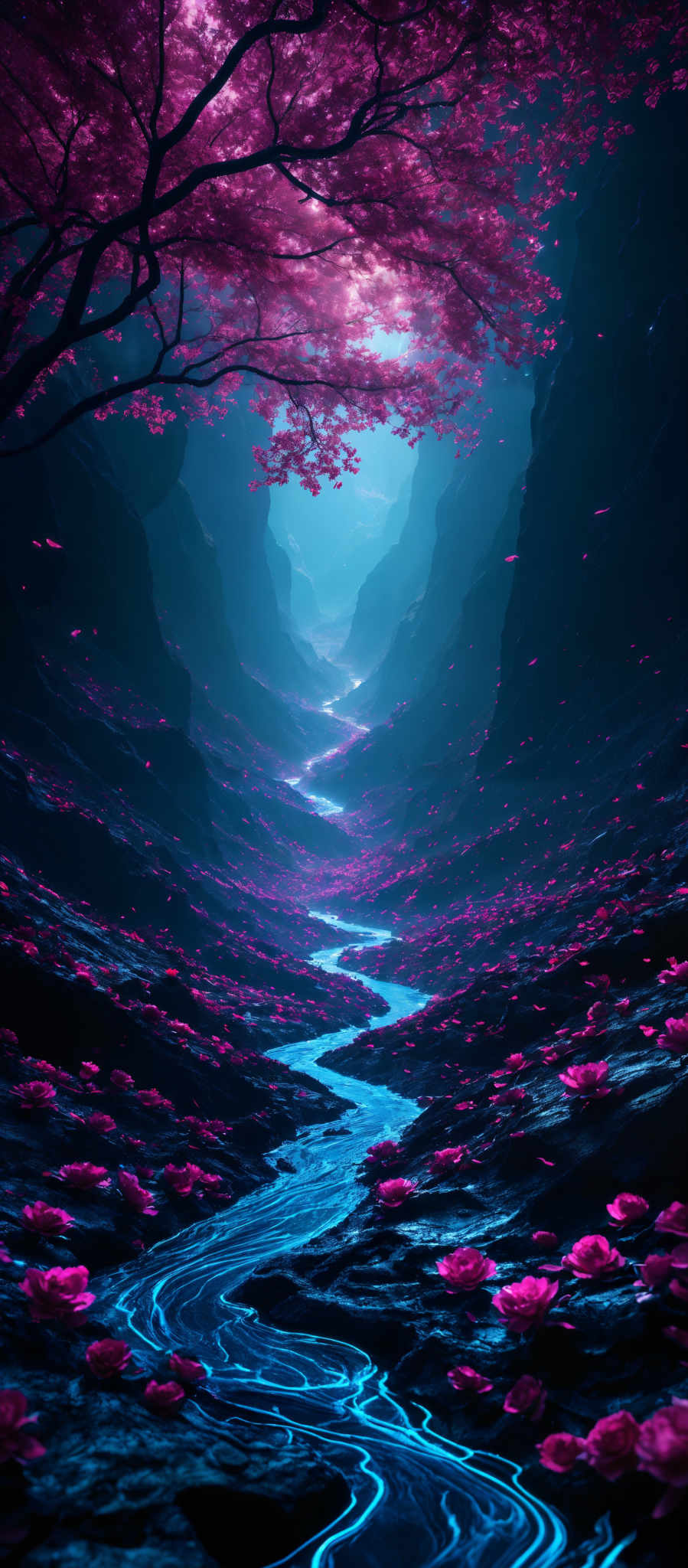 The image showcases a surreal landscape with a dominant pink hue. A large tree with pink blossoms stands on the left, its branches extending outwards. The ground is covered with pebbles and scattered pink flowers. A winding blue river flows through the center, reflecting the surrounding environment. The background reveals a series of dark, rugged mountains that seem to fade into the distance. The overall ambiance is serene and dreamlike.