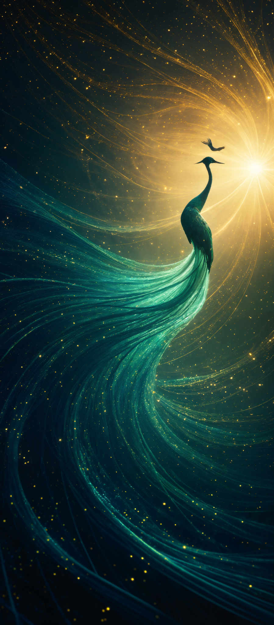 The image showcases a vibrant and mesmerizing scene. The dominant colors are shades of blue, gold, and black. The shape is reminiscent of a swirling galaxy or nebula, with radiant golden streaks emanating from a central point, giving the impression of a burst of light or energy. The swirled patterns are intricate and seem to flow like waves, creating an ethereal and dreamlike atmosphere. At the center, there's a silhouette of a bird, possibly a peacock, with its tail feathers beautifully spread out, adding a sense of movement and grace to the composition.