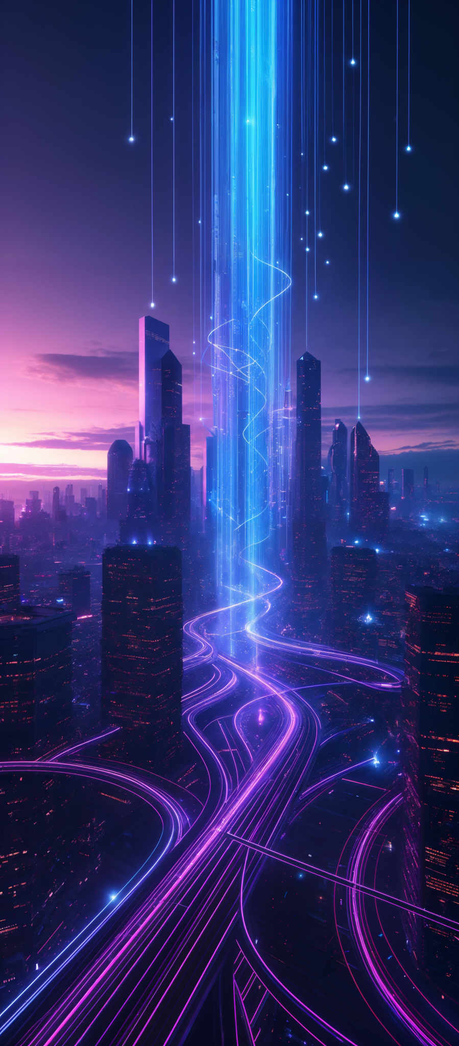 The image showcases a vibrant cityscape during what appears to be dusk or dawn. The sky is painted with hues of purple, pink, and blue, with a few bright stars scattered across. The city itself is adorned with tall skyscrapers, some of which have unique, futuristic designs. In the foreground, there are intricate patterns of bright blue and purple lines, resembling digital streams or data streams, intertwining and cascading downwards. These lines seem to emanate from a central point, suggesting a powerful source or node of energy. The overall ambiance of the image is both serene and technologically advanced, evoking feelings