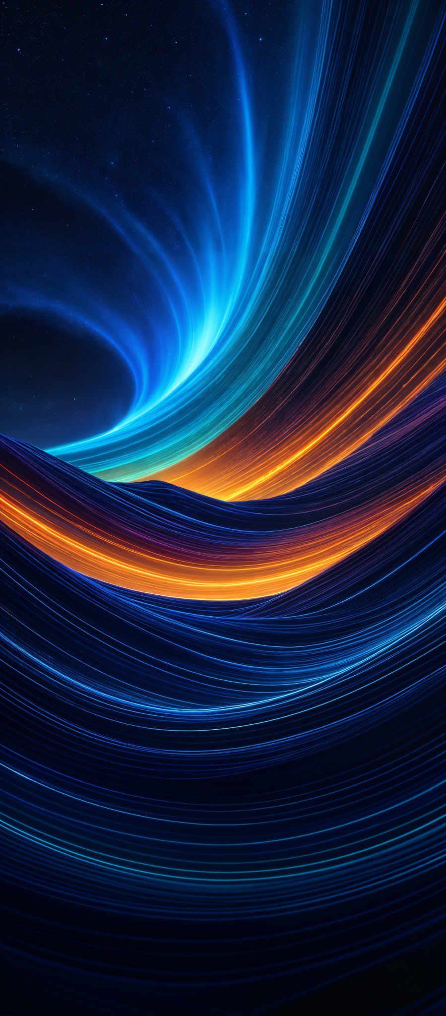 The image showcases a vibrant and mesmerizing swirl of colors. The dominant colors are deep blue, turquoise, and fiery orange. The swirls are curved and flowing, reminiscent of waves or the movement of celestial bodies. The top portion of the image has a darker hue with specks that resemble stars, suggesting a night sky or outer space backdrop.