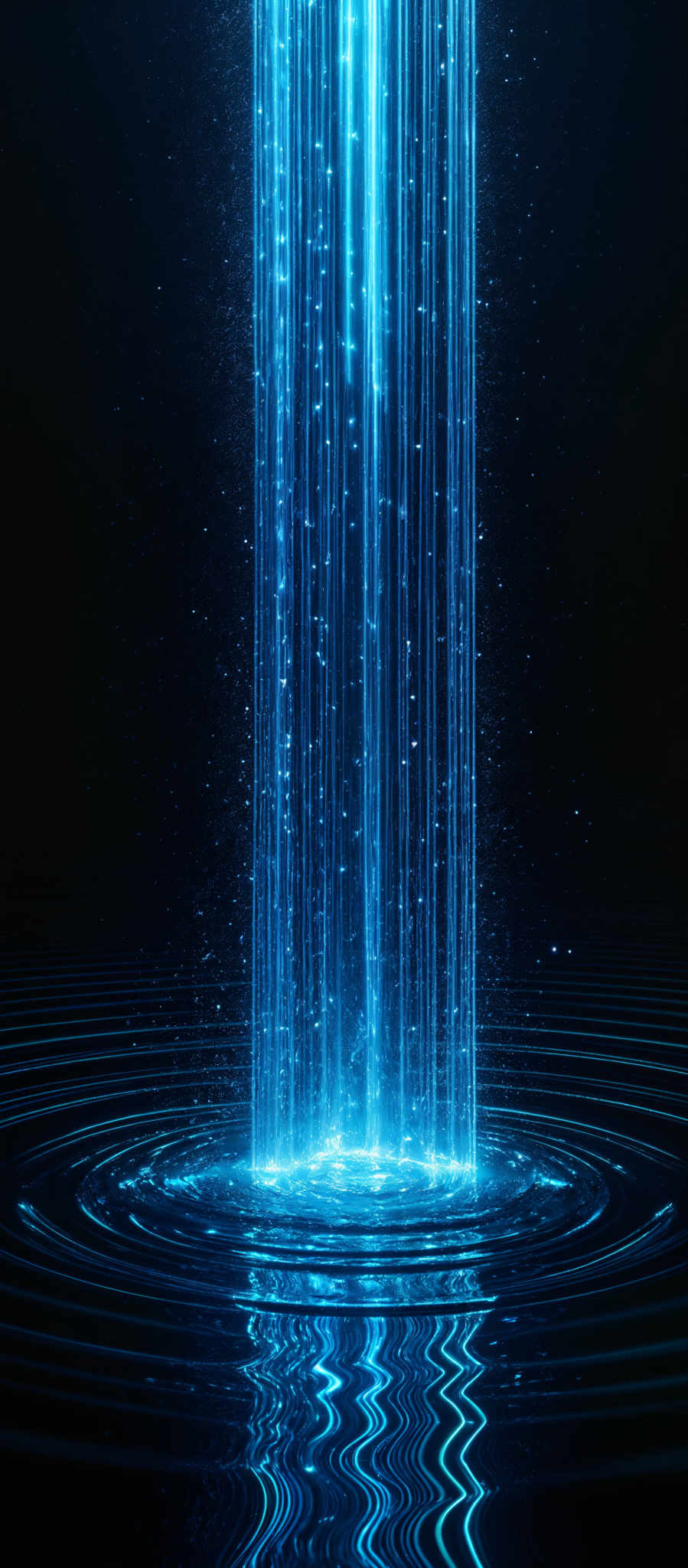 The image showcases a vibrant blue hue, predominantly in vertical streaks that appear to be emanating from a central point. These streaks are luminous and have a shimmering quality, giving the impression of a cascading waterfall or a stream of light. The background is dark, which accentuates the brightness of the blue streaks. The bottom of the image displays ripples on a surface, possibly water, reflecting the blue light and creating a symmetrical pattern.