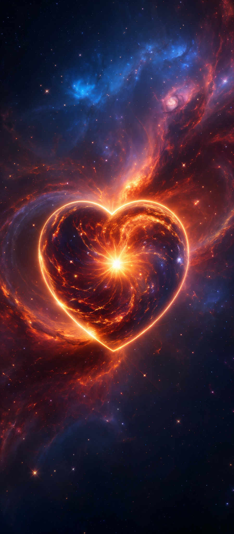 The image showcases a vibrant and mesmerizing cosmic scene. Dominating the center is a heart-shaped formation, emanating a radiant glow, surrounded by swirling patterns of fiery reds, oranges, and blues. These colors give the impression of a nebula or a galaxy in the midst of a cosmic event. The heart shape is intricately detailed, with swirled patterns that resemble flames or molten lava. Surrounding the heart are vast expanses of space filled with stars, nebular formations, and other cosmic phenomena.