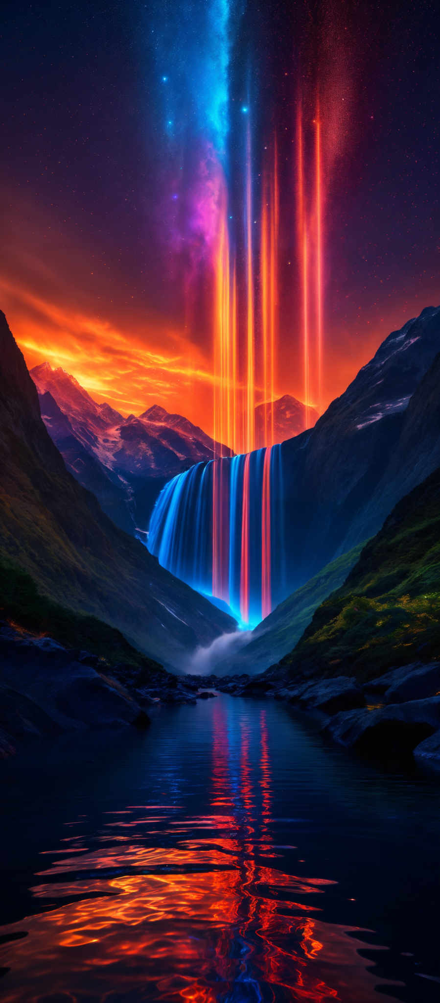 The image showcases a breathtaking landscape with a cascading waterfall that flows into a serene body of water below. Above the waterfall, there's a mesmerizing display of vibrant colors, resembling a celestial event or a nebula. The colors range from deep blues and purples to fiery oranges and reds. The sky is painted with hues of orange and red, suggesting either a sunset or sunrise. The mountains in the background are dark and silhouetted, contrasting with the luminous sky and waterfall.