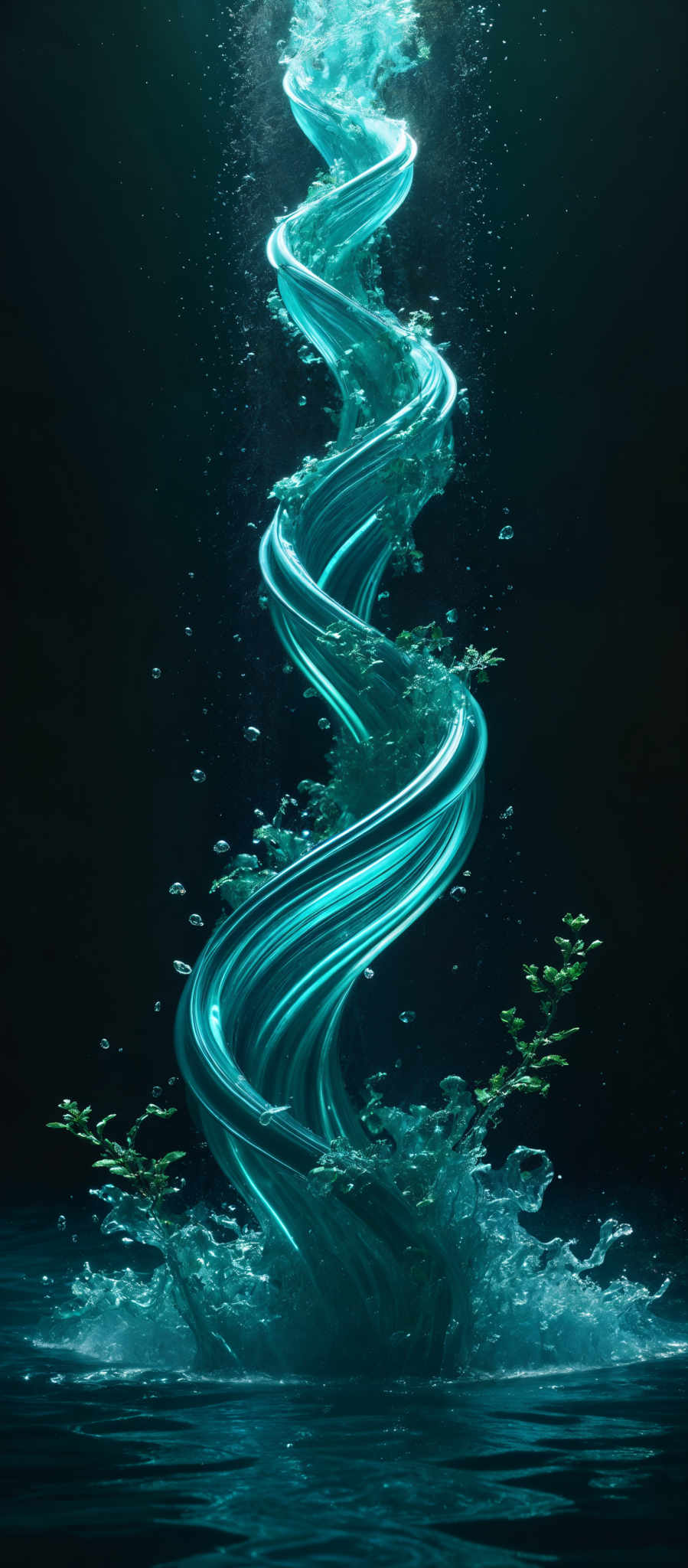 The image showcases a mesmerizing and intricate spiral structure made of a translucent blue substance. This spiral is suspended in a dark environment, with bubbles emanating from its base. The substance appears to be interacting with water, creating splashes and ripples around its base, which further enhances the dynamic feel of the image, giving the impression of movement and fluidity.