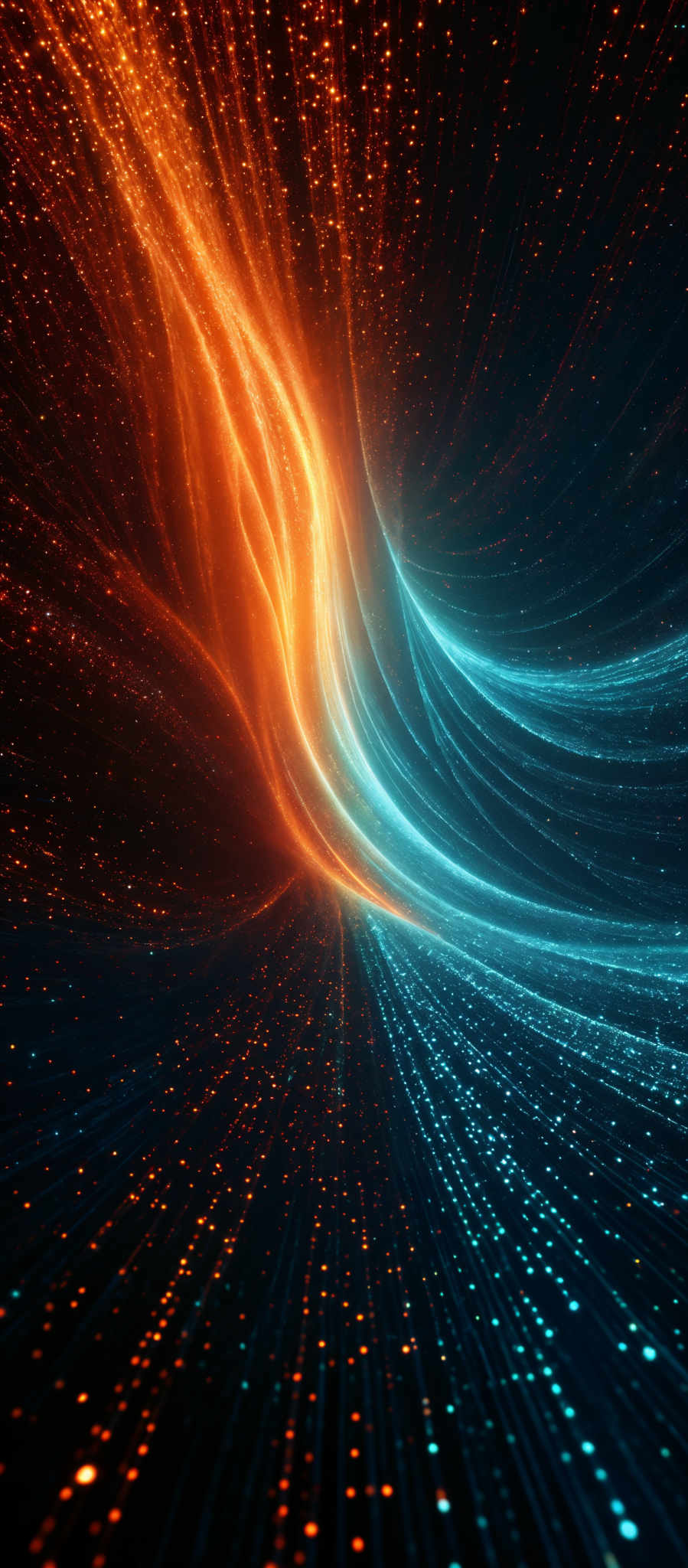 The image showcases a vibrant and dynamic interplay of colors. The dominant colors are fiery orange and deep blue. The orange, reminiscent of flames or molten lava, forms a swirling pattern that seems to be emanating from a central point. This fiery pattern contrasts with the cool, flowing blue lines that curve and twist around it. The blue lines give the impression of a tunnel or vortex, drawing the viewer's eye into the depths of the image, while the orange adds warmth and energy. The overall composition is both mesmerizing and awe-inspiring, suggesting a cosmic or otherworldly scene.