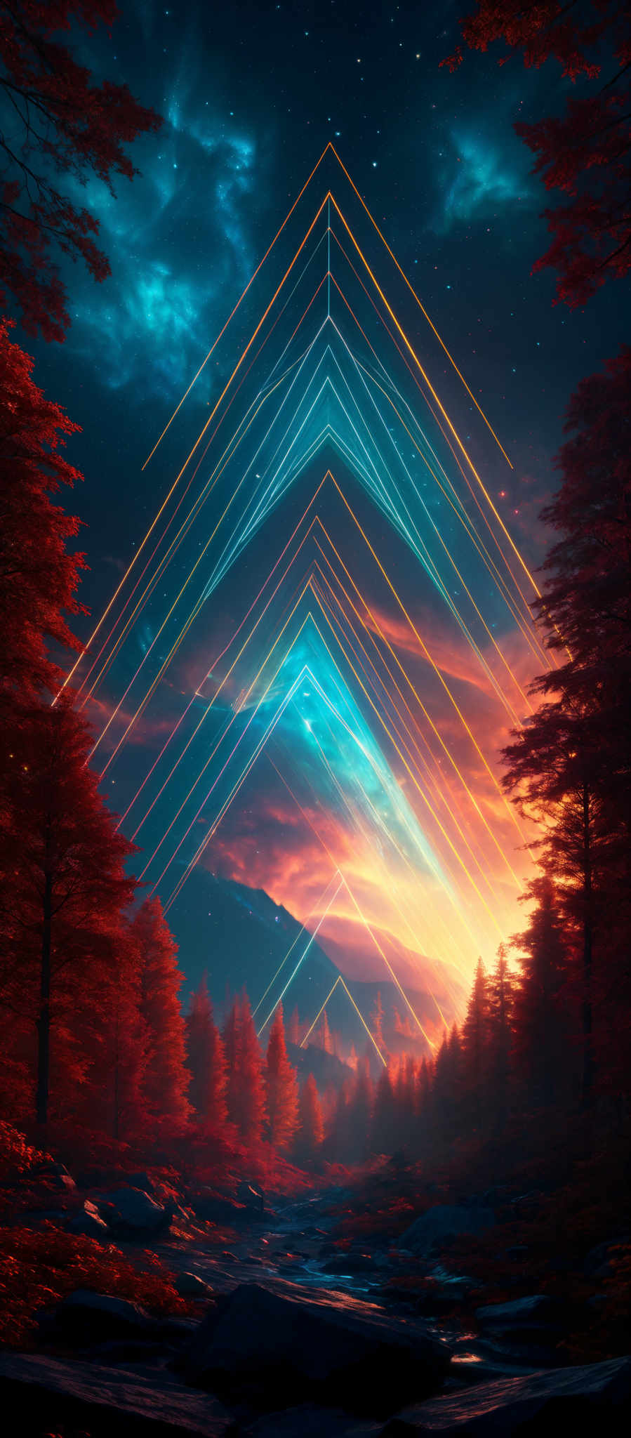 The image showcases a vibrant and mesmerizing landscape. The sky is dominated by deep blues and turquoise hues, interspersed with white stars. A series of radiant, neon-like triangular lights converge towards the center, creating a futuristic and ethereal effect. The ground is covered with a dense forest of trees, their leaves exhibiting a fiery red-orange hue, contrasting with the cooler tones of the sky. A serene river flows through the forest, reflecting the colors of the surroundings. The overall ambiance is a blend of natural beauty with a touch of surrealism.