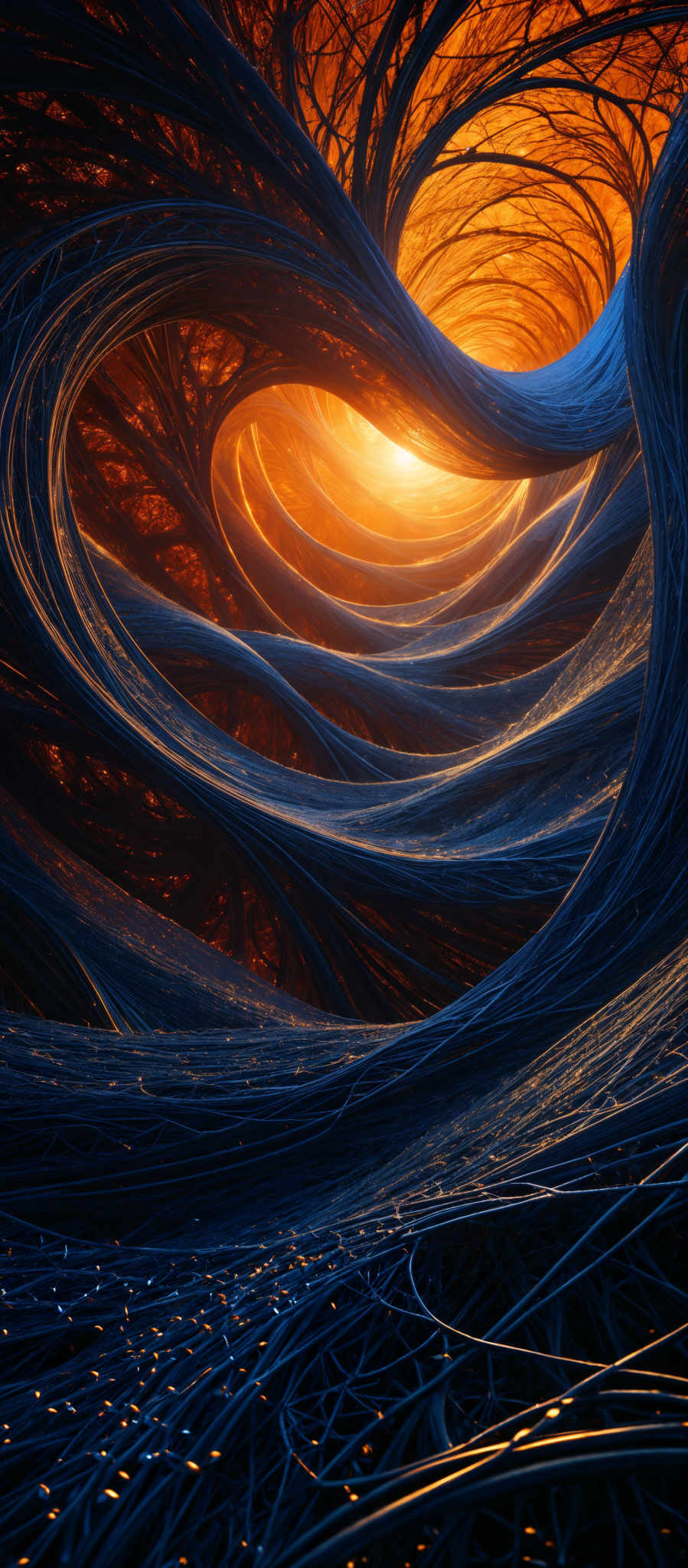 The image showcases a mesmerizing and intricate design of intertwined, wavy structures that resemble tendrils or roots. These structures are predominantly in shades of deep blue and fiery orange, creating a striking contrast. The tendrill-like structures spiral and curve, leading the viewer's eye towards a glowing center that emits a warm, golden light. The overall impression is one of depth, movement, and a blend of cool and warm tones.