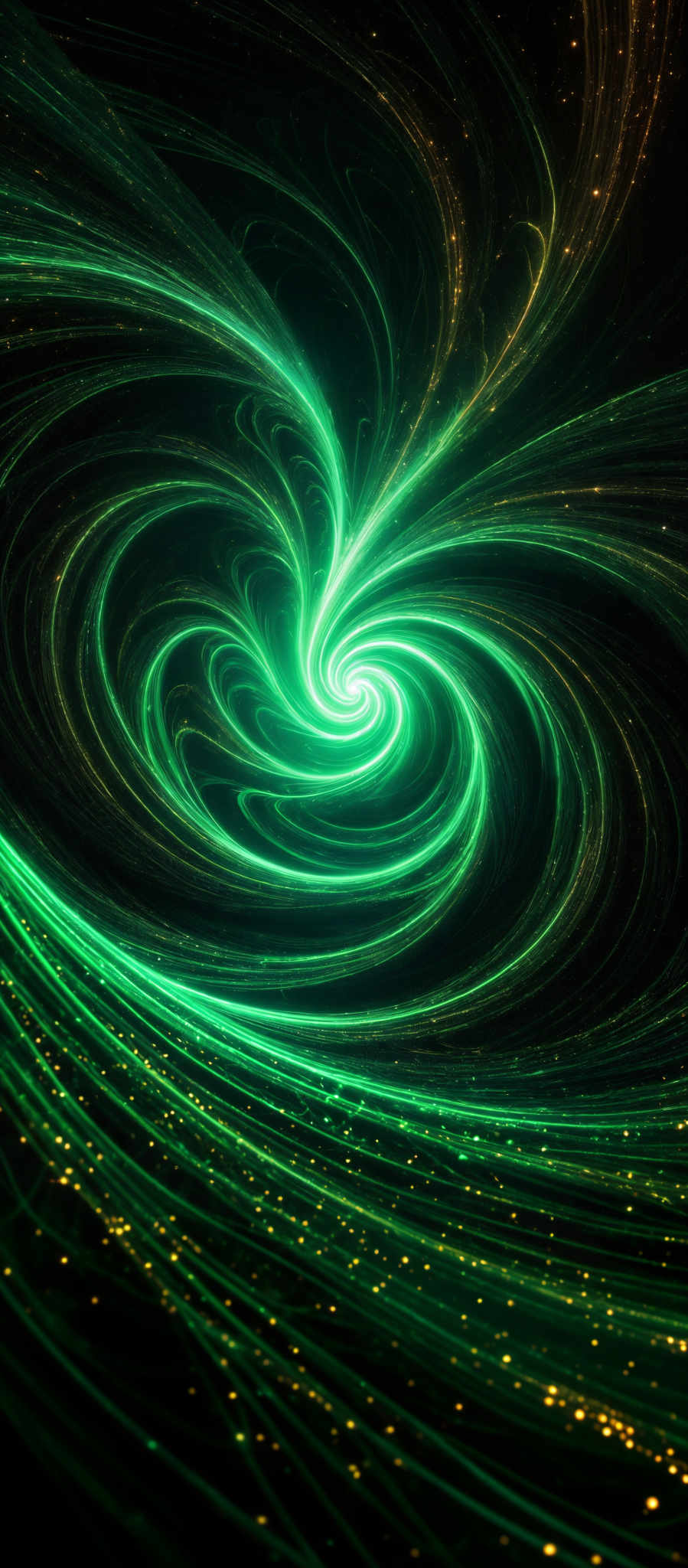 The image showcases a mesmerizing swirl of vibrant colors. The dominant colors are shades of green and gold, with hints of black. The swirl appears to be a vortex or whirlpool, spiraling inwards, creating a sense of depth and motion. The gold specks scattered throughout add a touch of sparkle and luminosity to the scene.