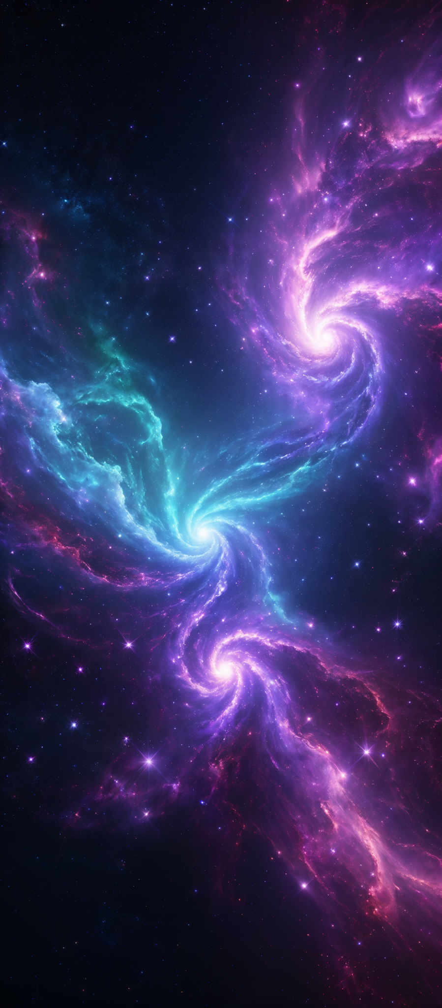 The image showcases a vibrant and mesmerizing cosmic scene. It features swirling nebulae in hues of purple, blue, and pink, intertwined with bright white stars. The nebular formations are intricate, resembling tendrils of smoke or ethereal waves, and they seem to be emanating from a central point, suggesting the presence of a massive star or galaxy. The vastness of space is depicted with a deep black background, punctuated by distant stars, adding depth and dimension to the scene.