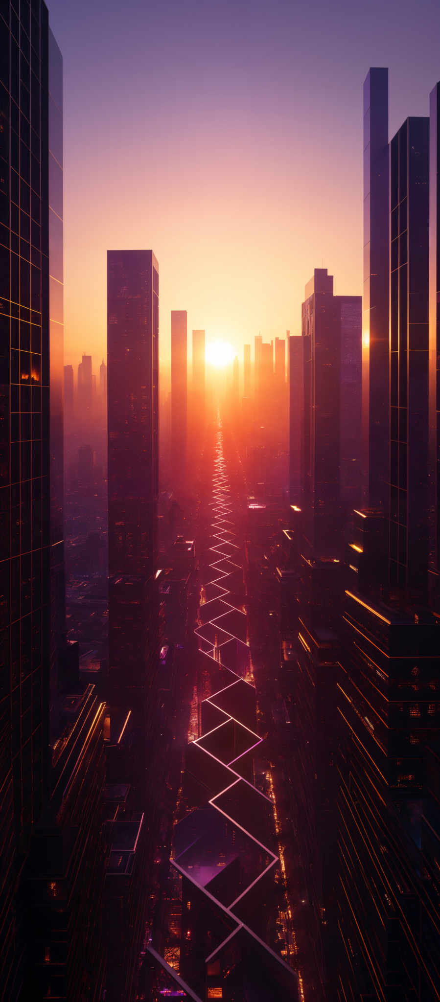 The image showcases a cityscape during sunset. The sky is painted with hues of orange, pink, and purple, with the sun setting in the distance. The city is adorned with tall skyscrapers, reflecting the sun's glow. The buildings are predominantly dark, possibly made of glass or steel, with some having unique designs. In the foreground, there's a zigzag pattern of roads or pathways that seem to be illuminated, creating a contrast with the dark buildings. The overall ambiance of the image is serene and majestic, capturing the essence of a bustling city during the golden hour.