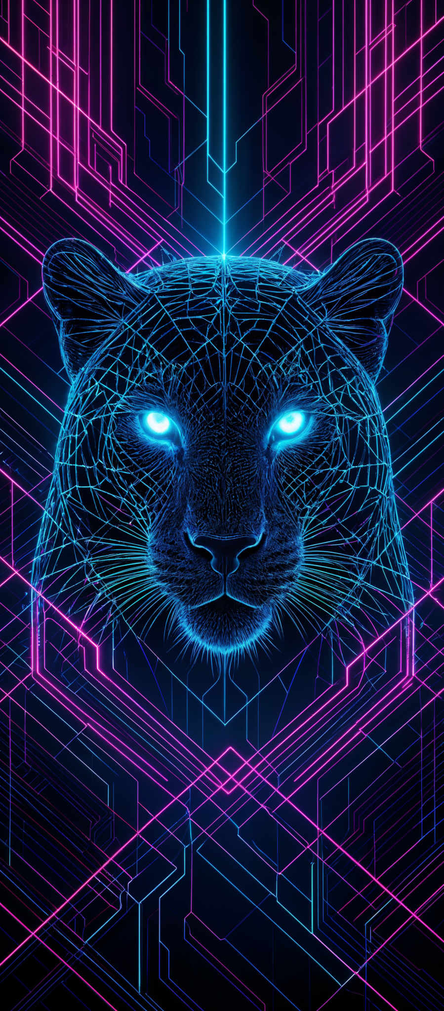 The image showcases a digital or neon representation of a leopard's face. The leopARD's eyes are illuminated with a bright blue glow, and its face is enveloped in a geometric pattern of interconnected lines and shapes, predominantly in shades of blue and pink. The background consists of intricate circuitry-like designs with bright neon lines, creating a cybernetic or futuristic ambiance.