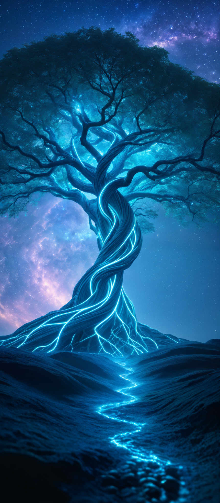 The image showcases a large, twisted tree with glowing blue tendrils or roots that seem to be emanating a radiant light. The tree stands against a backdrop of a starry night sky with hues of purple and blue. The ground appears to be made of a reflective material, possibly water, which mirrors the tree and the glow from its roots. The overall atmosphere is mystical and ethereal.