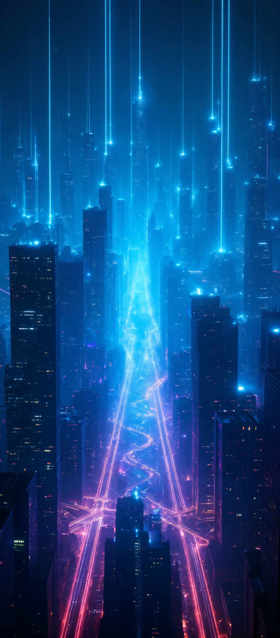 The image showcases a futuristic cityscape at night. The dominant colors are shades of blue and purple, creating a neon-like ambiance. The city is densely packed with tall skyscrapers, and the beams of light emanating from them pierce the dark sky. These beams converge at a central point, suggesting a bright source or possibly a central hub. The streets below are illuminated with streaks of red and pink light, giving the impression of fast-moving vehicles or energy streams. The overall mood of the image is both serene and dynamic, evoking a sense of wonder and advanced technology.