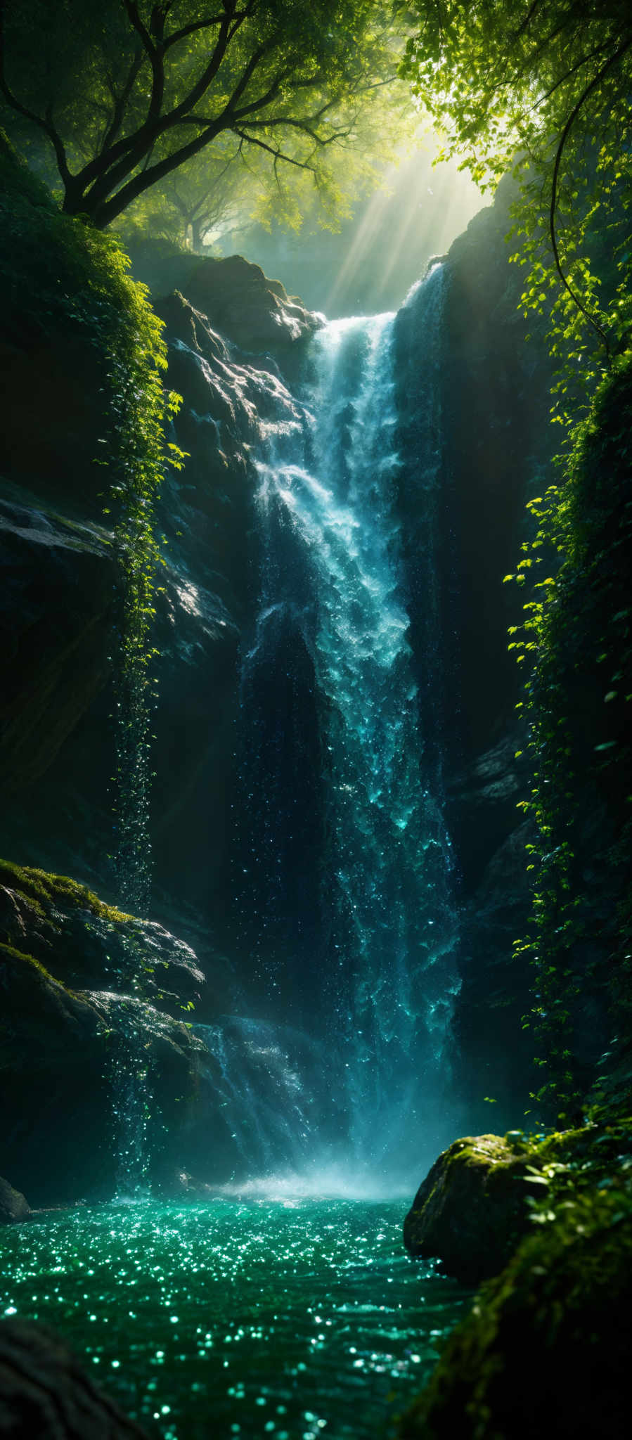 The image showcases a serene natural setting. Dominating the scene is a cascading waterfall that flows down from a rocky cliff, creating a misty ambiance. The waterfall is surrounded by lush green vegetation, including trees and vines, which drape over the rocks. Sunlight pierces through the canopy, casting a soft glow on the waterfall and illuminating the surrounding area. The pool at the base of the waterfalls reflects the blue of the sky and the turquoise of the cascades. The overall color palette is a mix of deep greens, vibrant blues, and soft whites, creating an ethereal and tranquil atmosphere