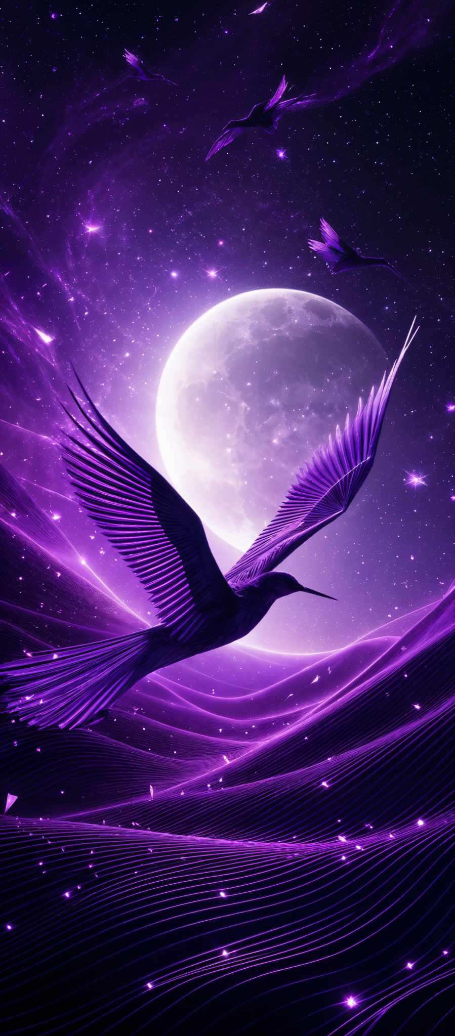 The image predominantly features shades of purple and blue. It showcases a large, white, moon-like celestial body in the background, surrounded by a vibrant purple nebula. Several birds, possibly phoenixes, are depicted in flight against this cosmic backdrop. The birds have a sleek design with wings spread wide, showcasing intricate feather details. The landscape below consists of wavy, flowing patterns that resemble sand dunes or waves, illuminated by the light from the moon. The entire scene is dotted with sparkling stars and other celestIAL objects, adding to the ethereal and dreamlike quality of the image, which is